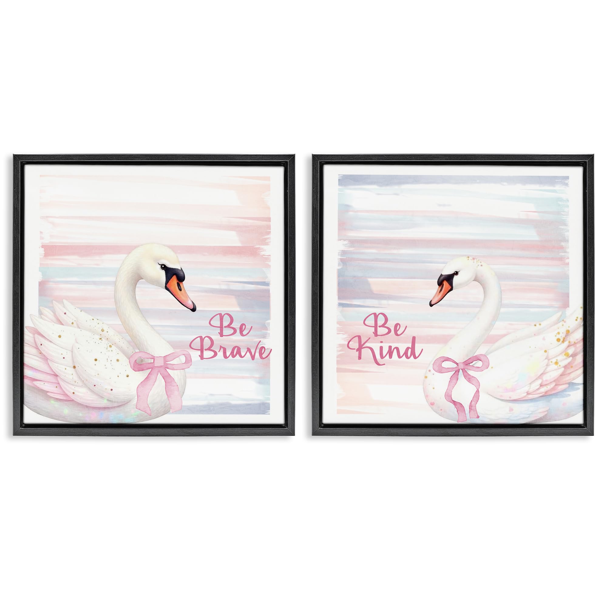 Stupell Industries Be Brave & Kind Pastel Swan 2 Piece Black Framed Floater Canvas Set, design by Kim Allen, 25 x 25