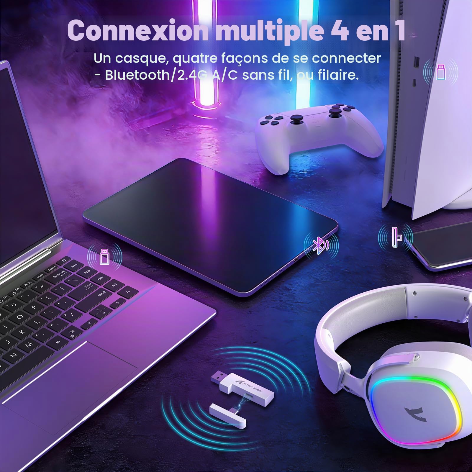 ATTACK SHARK G800 Casque Gaming sans Fil,1000 mAh, Microphone Détachable, Structure en Alliage d’Aluminium, 20 ms, Haut-parleurs 50 mm, 3 Modes (2.4G/BT/Filaire) pour PC/PS/Téléphone (Blanc)