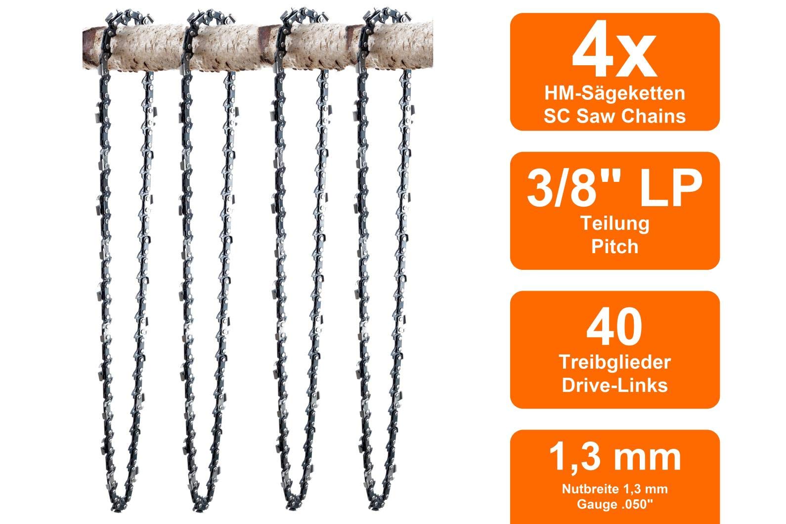 SECURA 4 Chaînes compatible avec Parkside PBBPS 700 A1 Tronçonneuse avec 25cm 3/8LP 40M 1,3mm