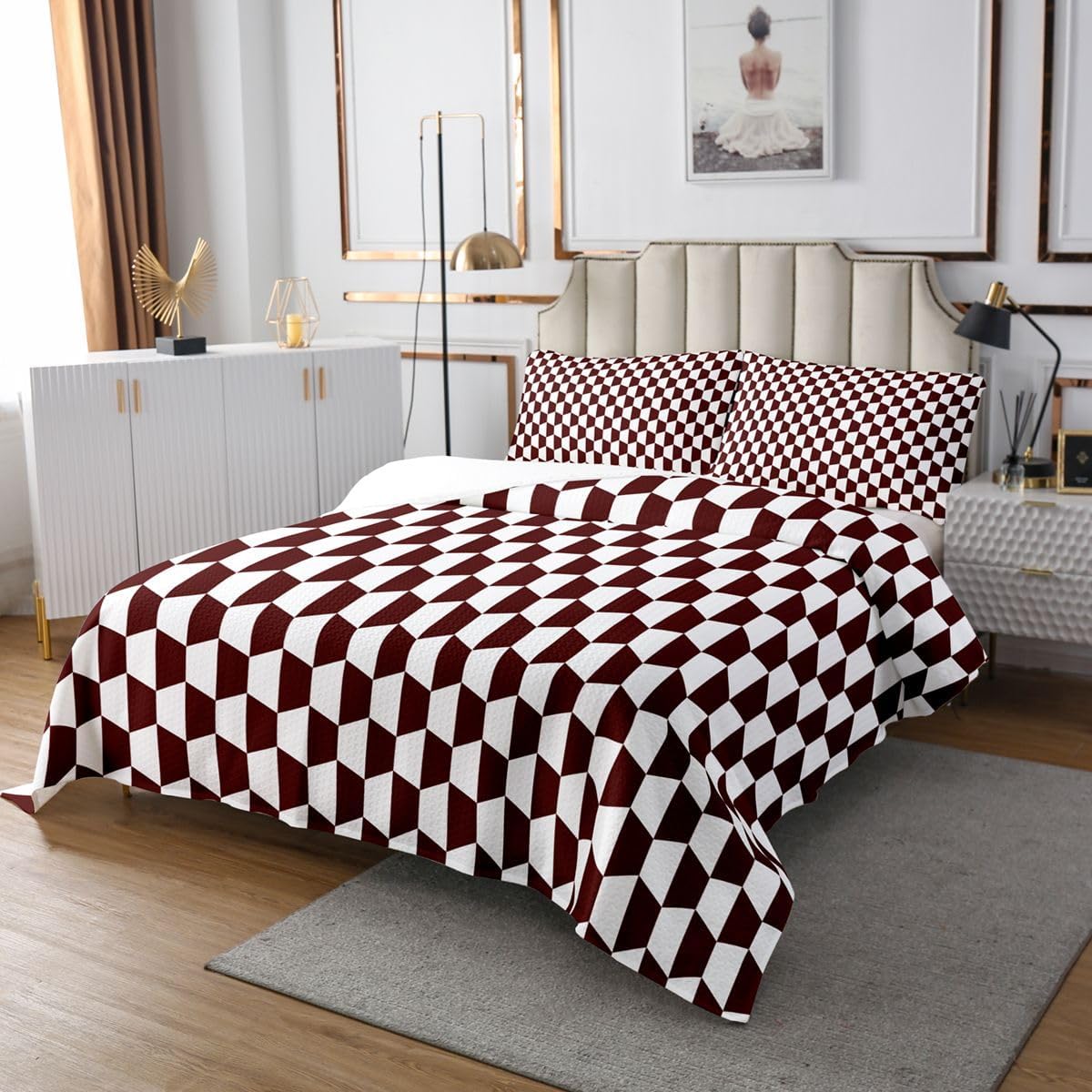 jejeloiu Checkered Bedspread for Kids Boys Girls Wine Red White Buffalo Plaid Coverlet Set Queen Size Geometric Grids Quilted Coverlet Bedroom Decor Breathable Soft Lightweight Microfiber 3Pcs