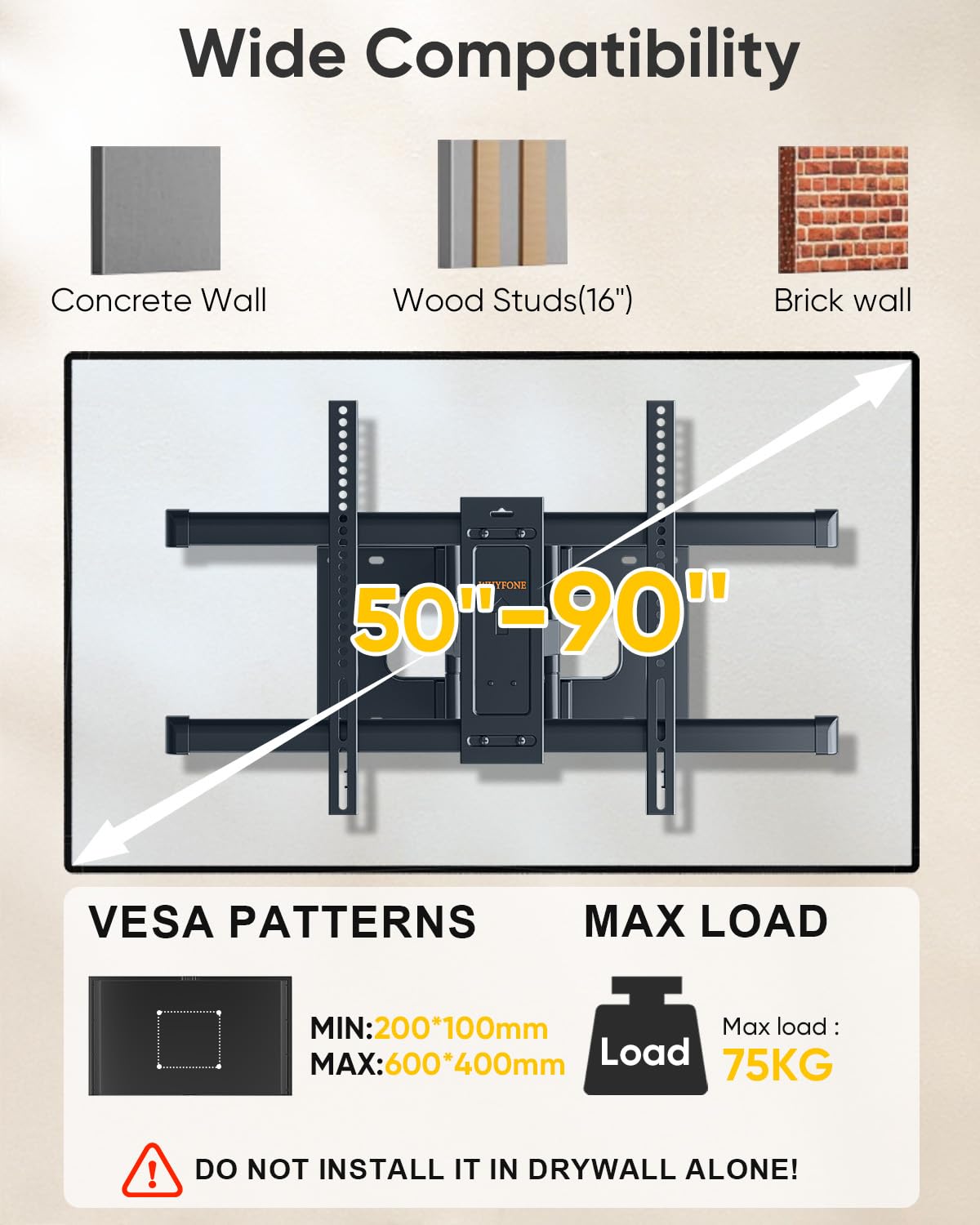 Soporte TV Pared para Pantallas Planos y Curvos de 50-90 Pulgadas, Soporte TV Inclinable y Giratorio con 765mm Brazos Dobles, Resistentes hasta 75kg, VESA Máx 600x400mm