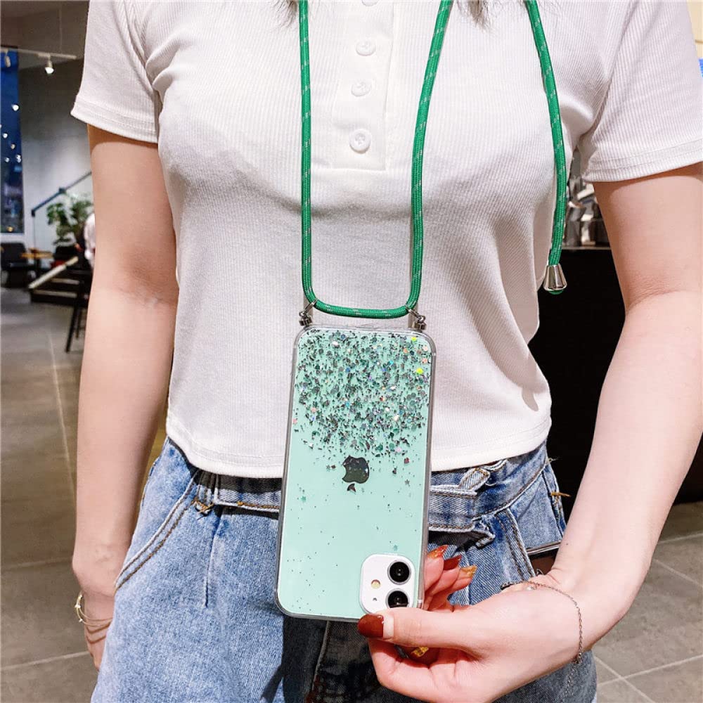 Crossbody riem Lanyard Gradient Glitter Case voor iPhone 14 12 13 Mini 11 Pro Max Plus X XS XR Siliconen Zachte TPU Clear Cover, Paars, Voor iPhone 11