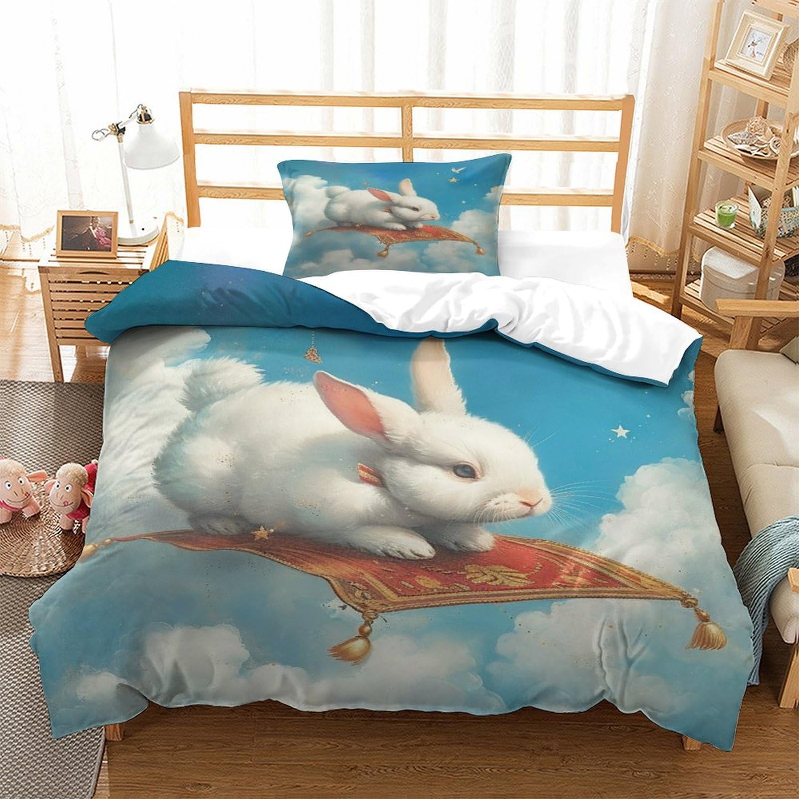 P1S9U7W5Y Dreamy Bunny Clouds 3D Printed Duvet Cover Set 3 Pieces Microfiber Bedroom Decor Cute Rabbit Bedding Set for Teens Adults Single（135x200cm）