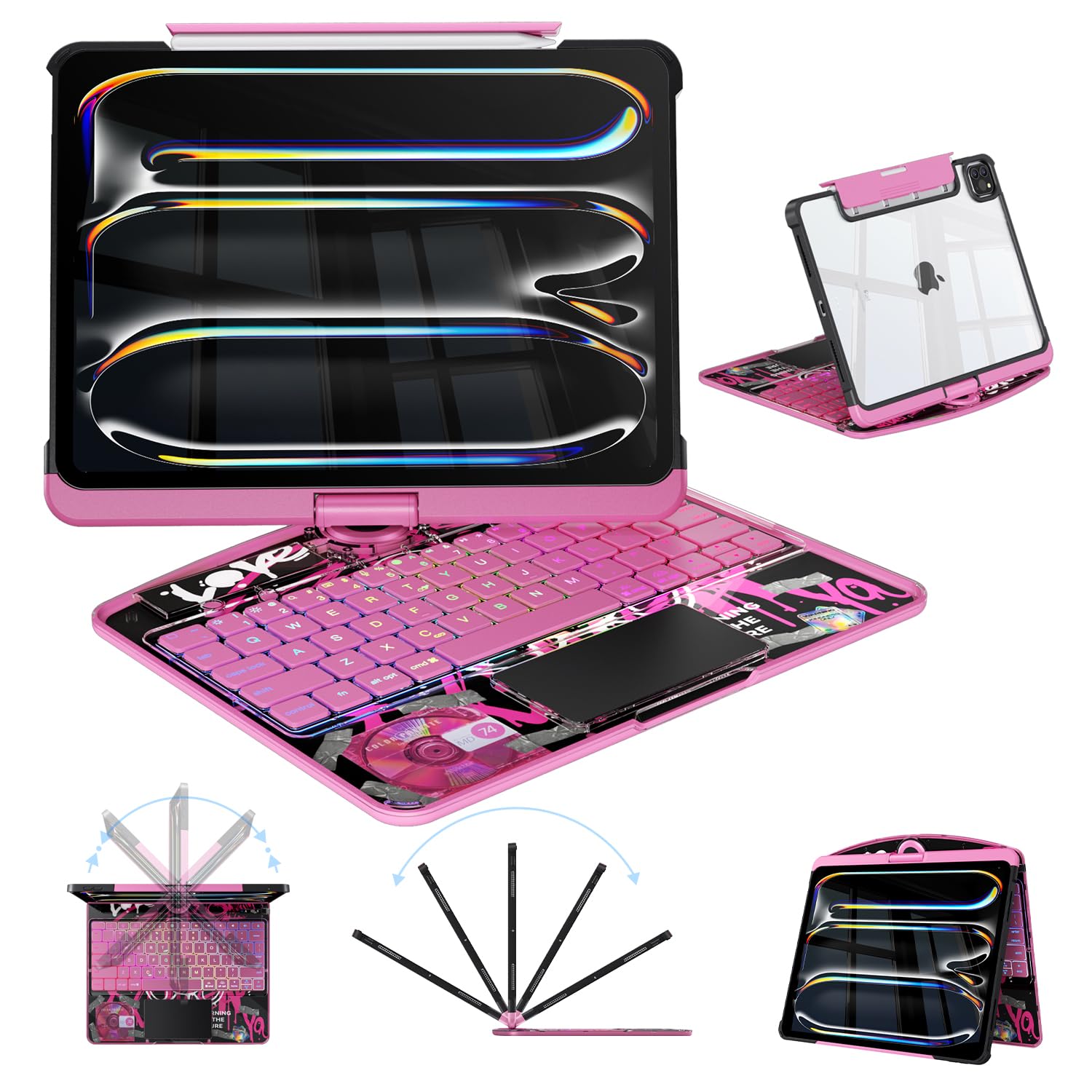Funda con teclado para iPad Pro de 11 pulgadas (M5/M4, 2025/2024), iPad Pro de 11 pulgadas con trackpad multitáctil, rotación de 360° y soporte para lápices, rosa