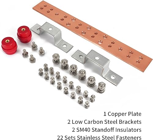 Miniatura 2 de Kit de barra de conexión a tierra de cobre TGB de 15.5 pulgadas de longitud y 22 agujeros, barra de bus de 0.24 x 1.97 x 15.5 pulgadas con 16 x 0.31