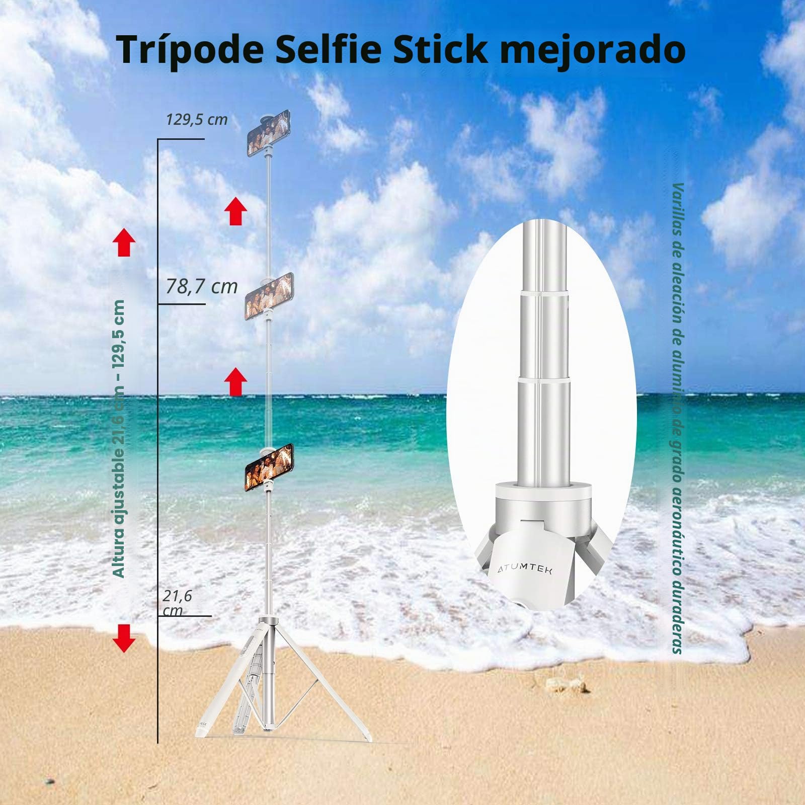 ATUMTEK 51 '' Palo Selfie trípode, Selfie Stick con Aluminio Resistente y pies Antideslizantes, trípode Smartphone TikTok para iPhone y Android, grabación de vídeo, bloging, transmisión en Directo