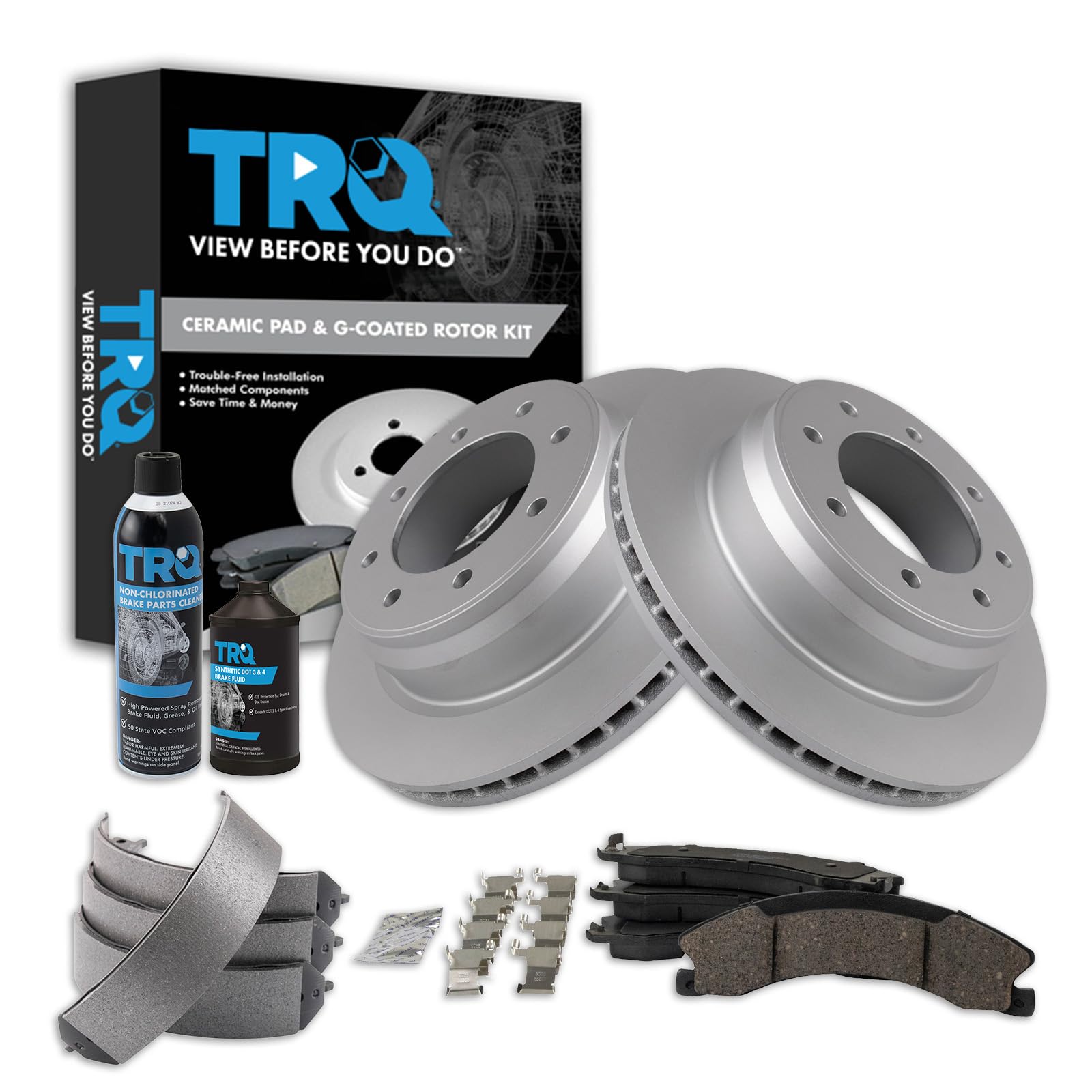 TRQ Rear Brake Pad &amp; Rotor Kit, with Chemical Kit Parking Brake Shoe Set Ceramic Premium G-Coated Compatible with 2012-2019 Nissan NV1500 NV2500 NV3500