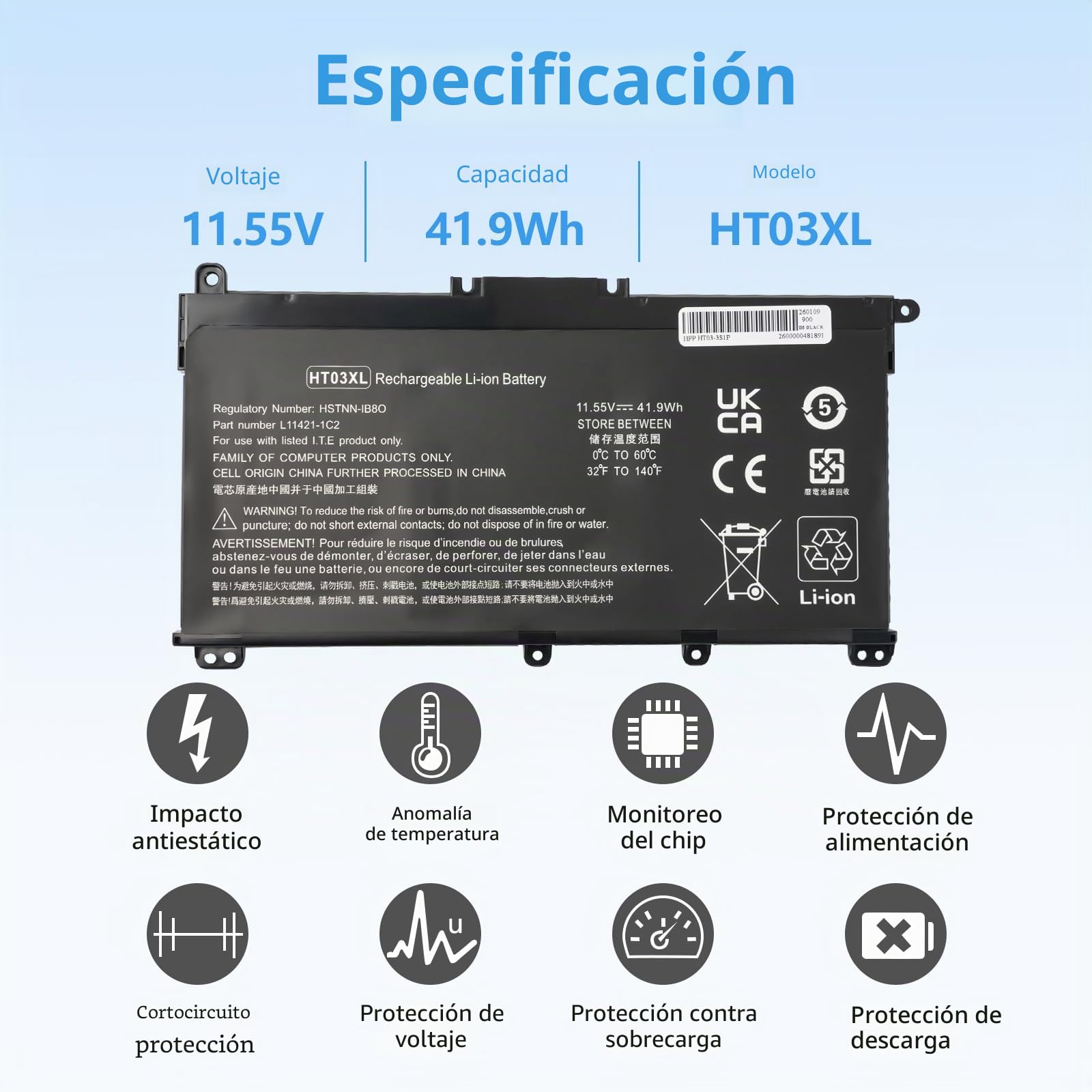 HT03XL L11119-855 Batería para portátil HP Pavilion 14-CE, 14-CF, 14-DF, 15-CS, 15-CW, 15-DA, 15-DB, 15-DW, 17-by, 17-CA, serie 15-DA0012DX, 15-CS0064ST, L11421-542, L11421 -2C2 HSTNN-LB8M HSTNN-DB8R
