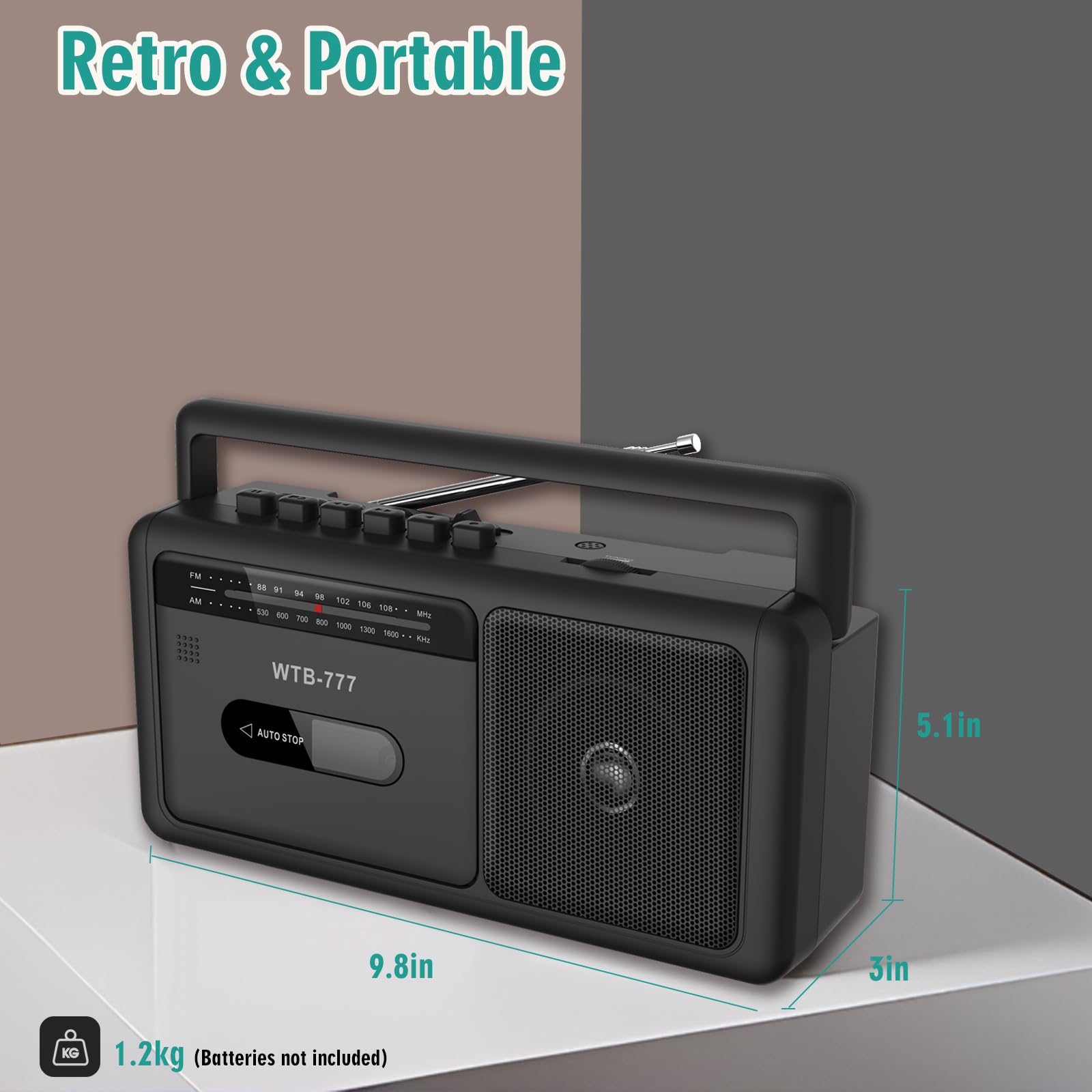 Baladeur Cassette,Lecteur de Cassettes Portable, Radio stéréo AM/FM Vintage avec Bluetooth, USB, Prise Casque, enregistreur Cassette Portable pour la Maison ou l'extérieur