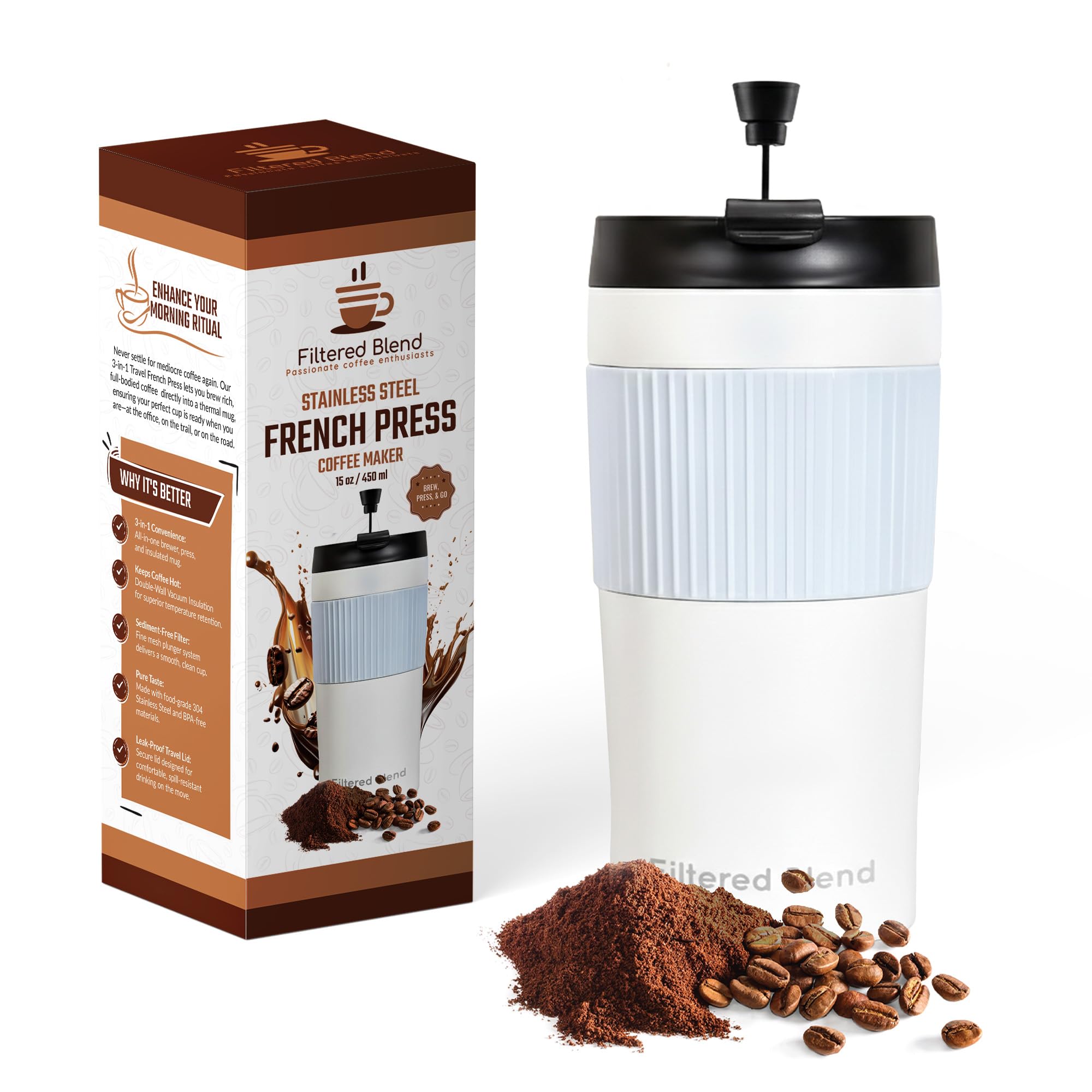 15oz French Press Travel Mug (White)