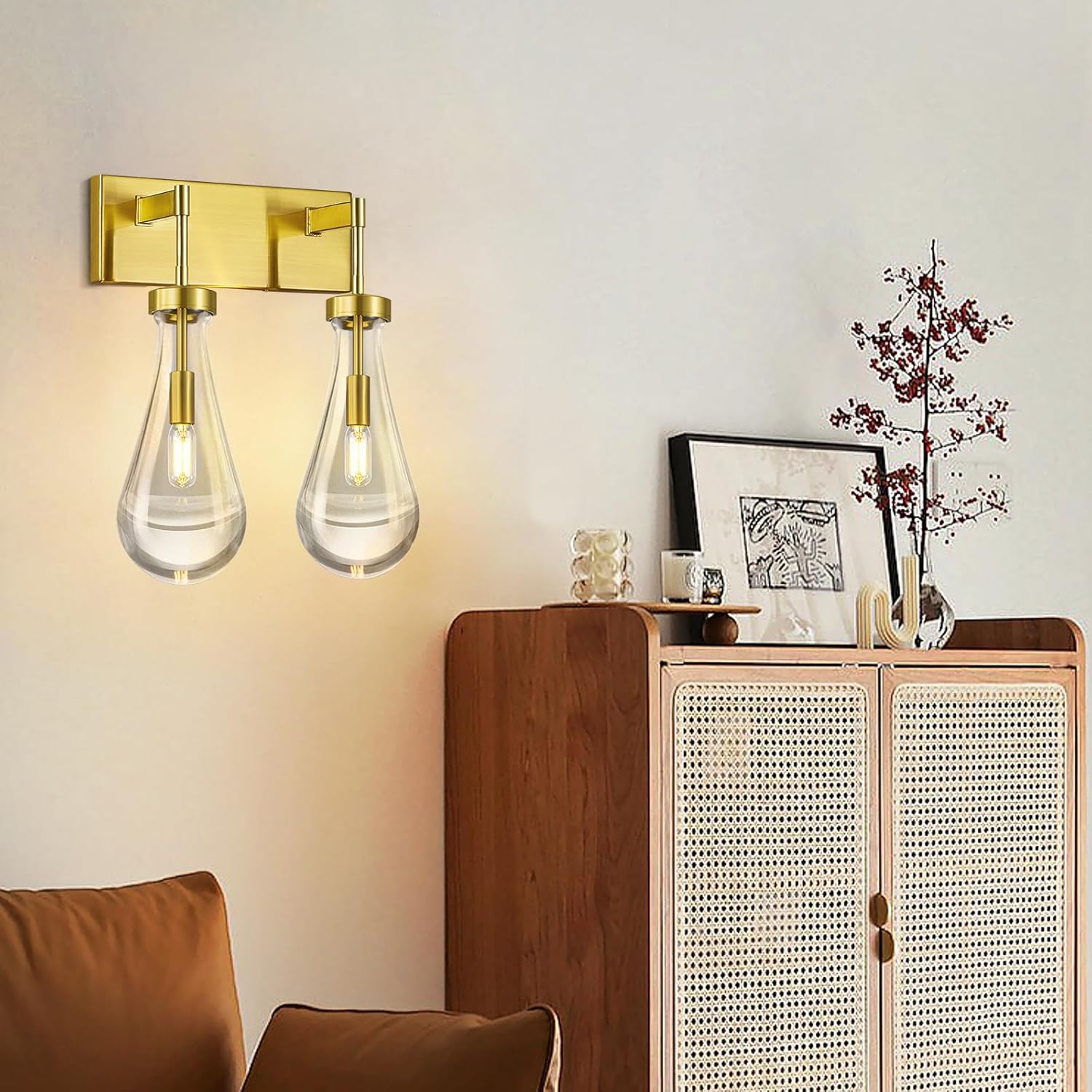 Raindrop Wall Sconces Gold Crystal Sconces Wall Decor Modern Lighting Glass Bathroom Sconces Indoor Vanity Light Wall Lamp for Bedroom Living Room Stair(2-Light)