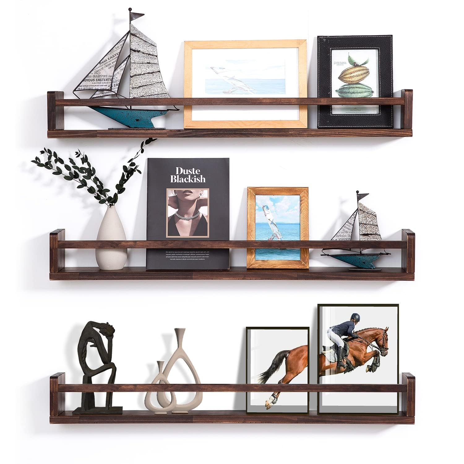 MBYD 36 Inch Floating Nursery Book Shelves for Wall, Wood Wall Bookshelves for Kids Bedroom Set of 3, Wall Mounted Nursery Shelves for Books, Stuffed Animals, Dolls Toys, Bathroom (Deep Walnut)