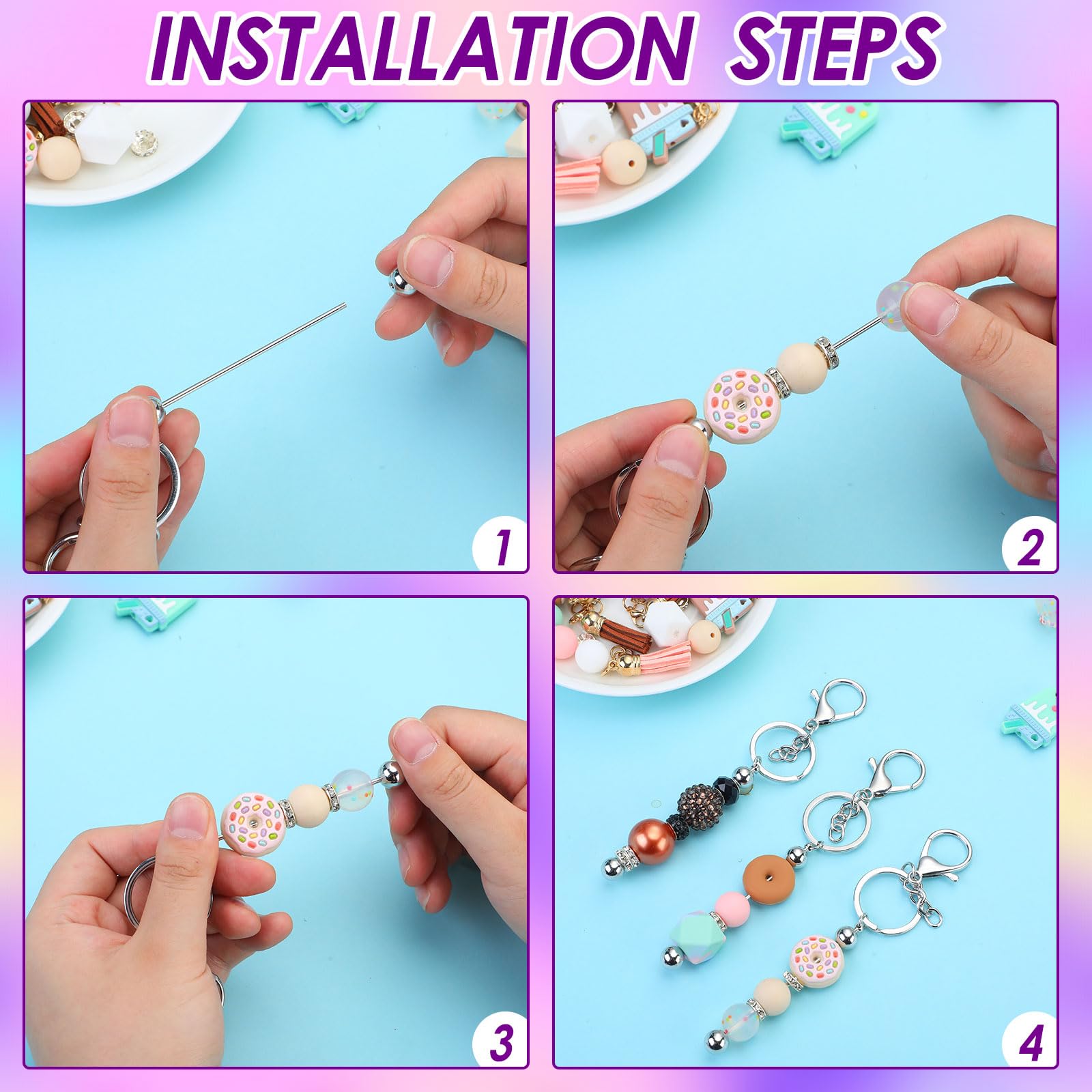 Equsion Perlen-Schlüsselanhänger, Rohlinge, abnehmbare Perlen, Metall, DIY-Schlüsselanhänger für Mädchen und Frauen, DIY, Basteln, Schlüsselanhänger, Zubehör, Anhänger, Projekte, Schmuck, Geschenke,