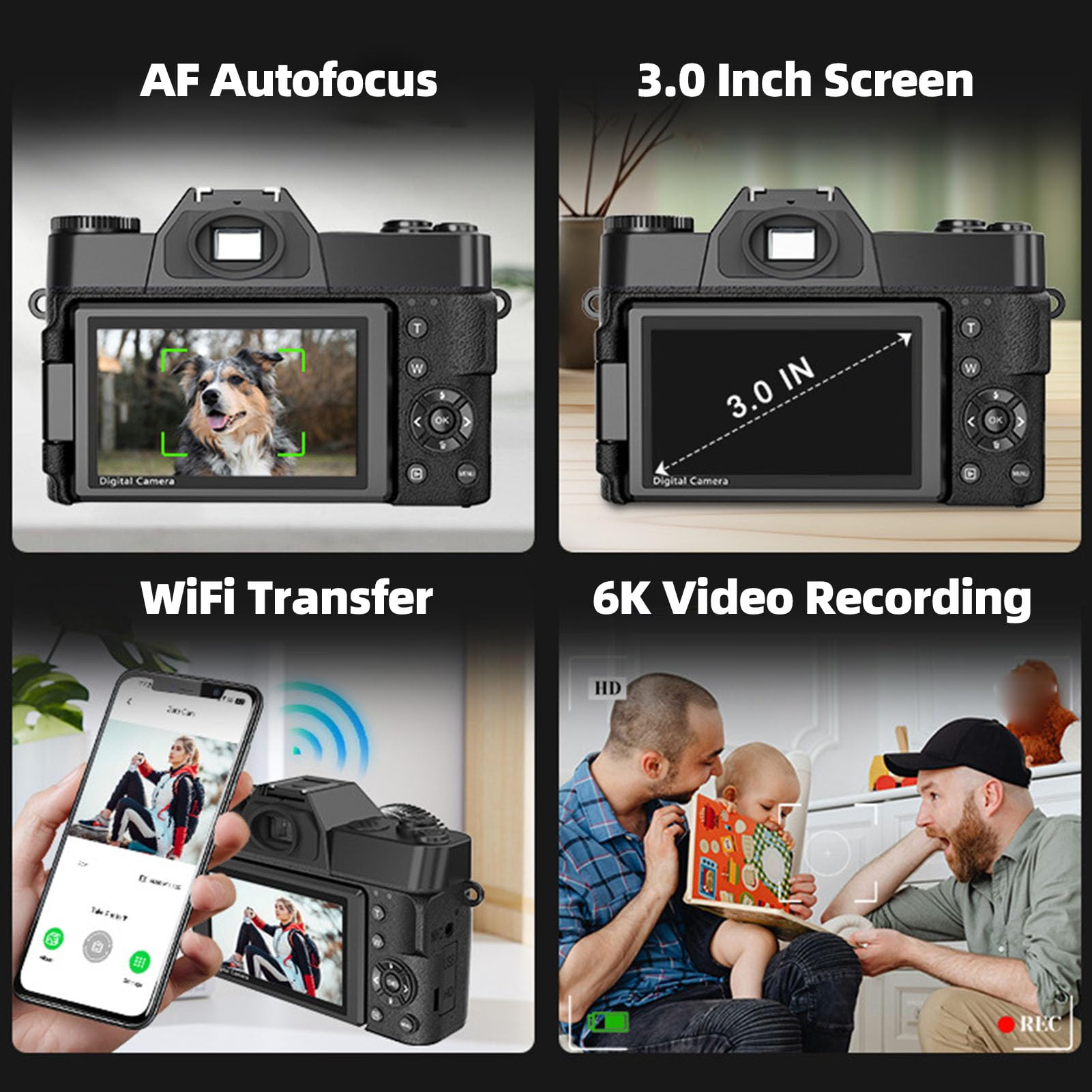 Annadue Fotocamera Digitale per Fotografia, Videocamica da 6k da 64 MP con Schermata di Lancio da 3,0 Pollici, Zoom Digitale 16x, Fotocamera Mirrorless Autofocus per Fotografia (BLACK)