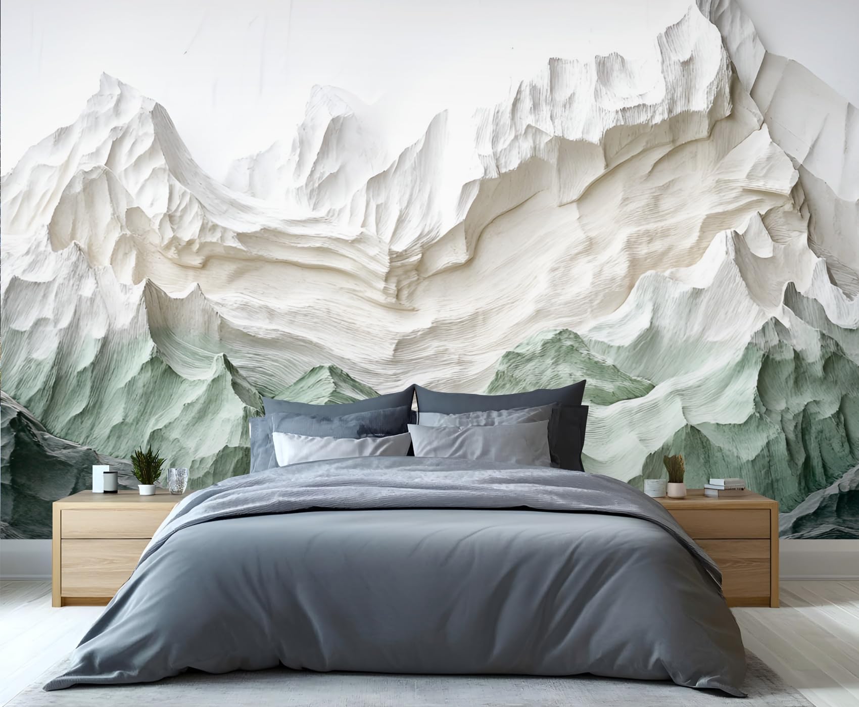 GIVLWF Mountains Wallpaper, 3D Emboss Landscape Bedroom Wallpaper, European Green Wall Paper for Living Room, Not Self Adhesive Luxury Wall Mural, Minimalism Large Mural & Room Decor