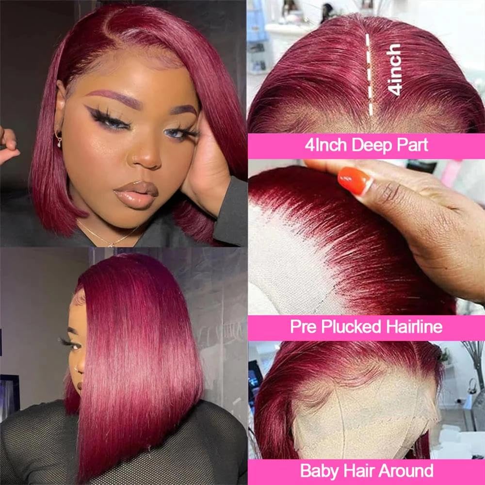 Haarpflege Burgunderrote Kurze Gerade Bob-Perücke HD-Transparent Mit Spitze Vorne Vorgezupft 100% Echthaar(180%,10inches)