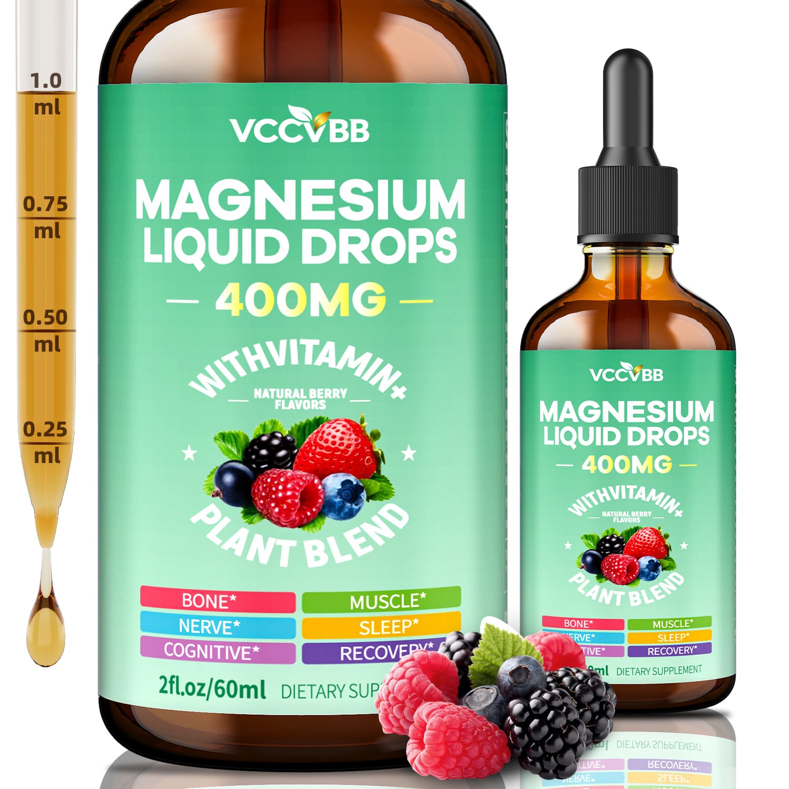Magnesium Glycinate Liquid Drops, 400mg Magnesium Complex with D3 K2 400mg-Berry Flavor 2 Fl Oz (Pack of 1)