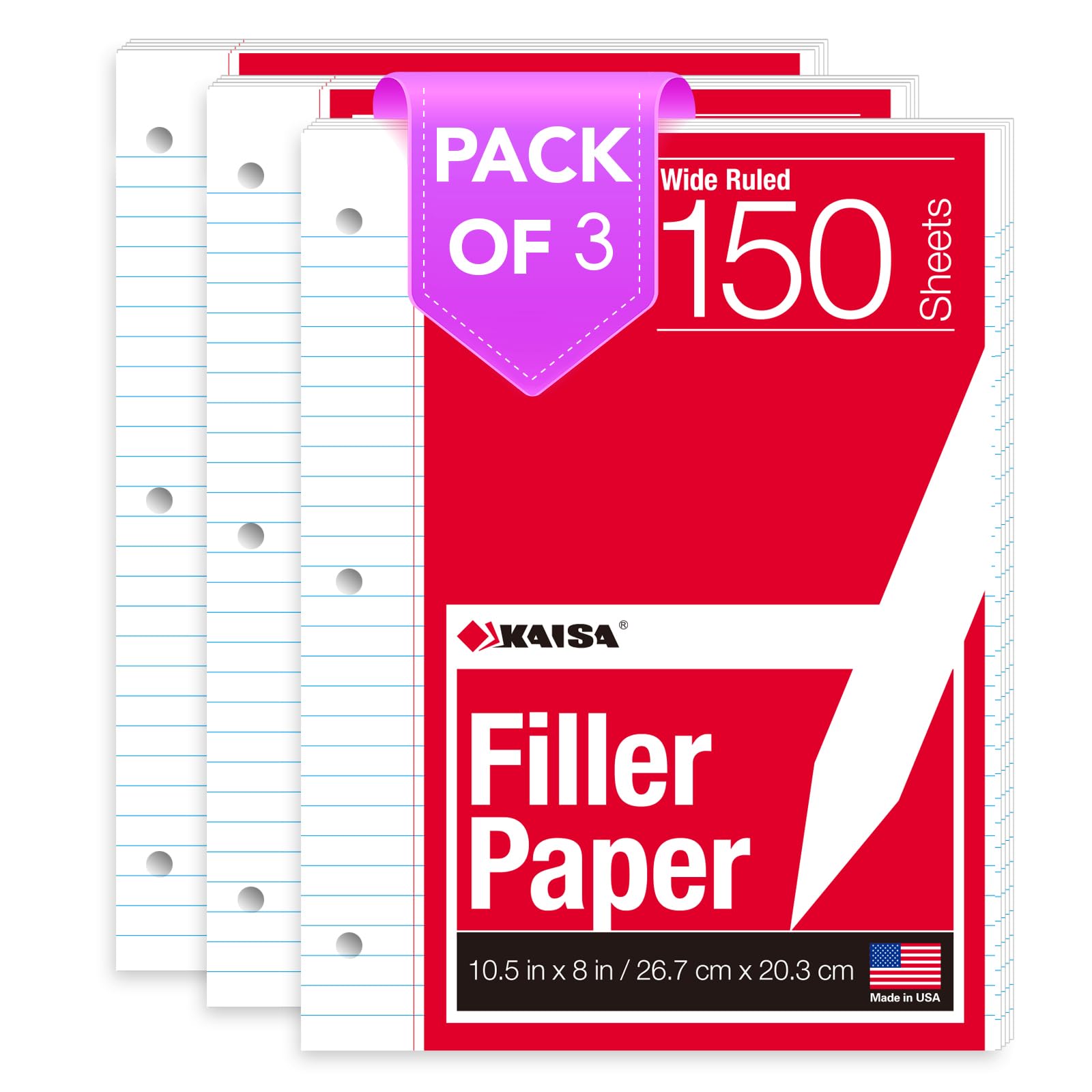 KAISA Filler Paper Loose Leaf Paper, Wide Ruled Paper, 8"x10-1/2", 3-Hole Punched Binder Paper For 3-Ring Binders,150 Sheets/pack 3Pack, F15001W