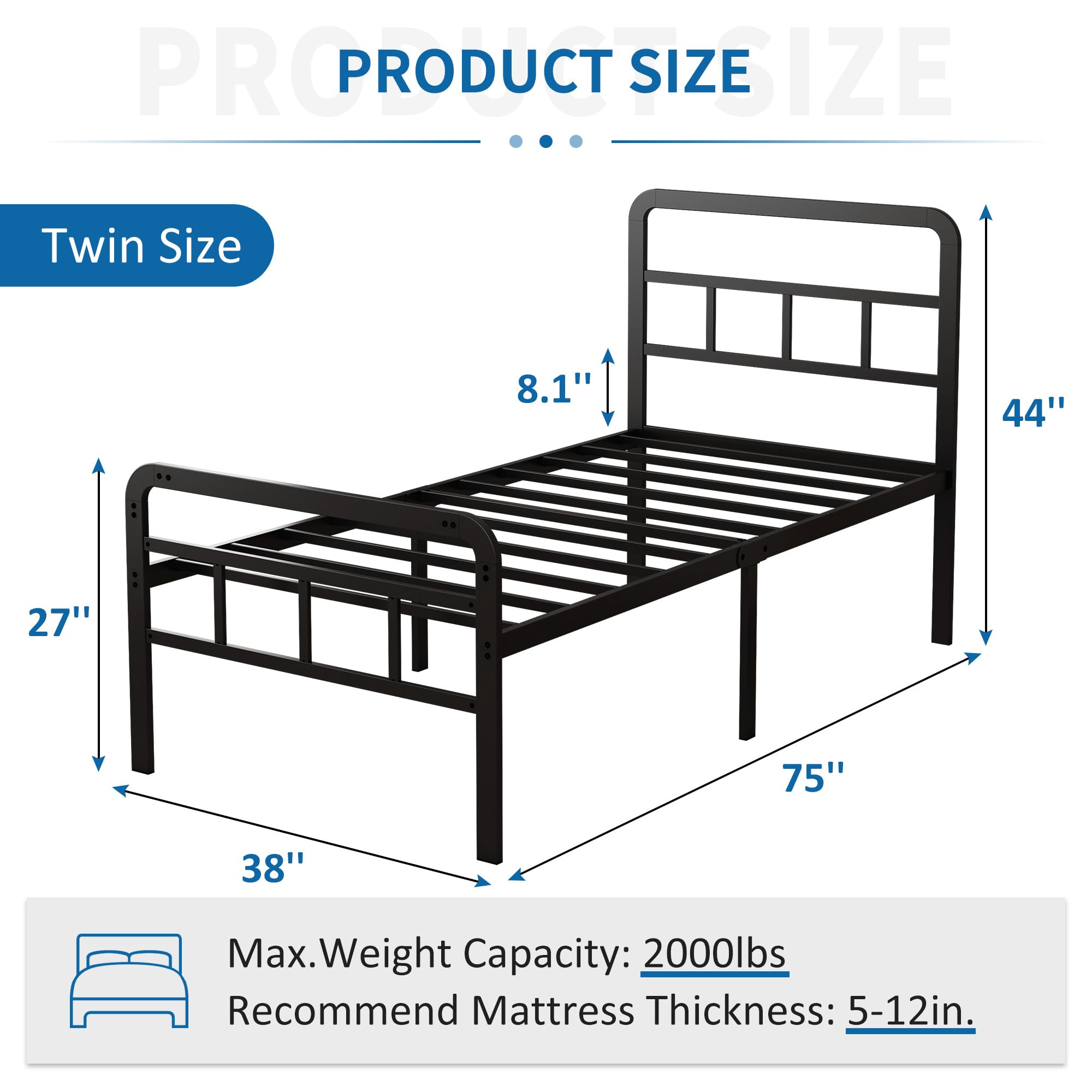18 Inch Twin Bed Frames with Headboard and Footboard Heavy Duty Metal