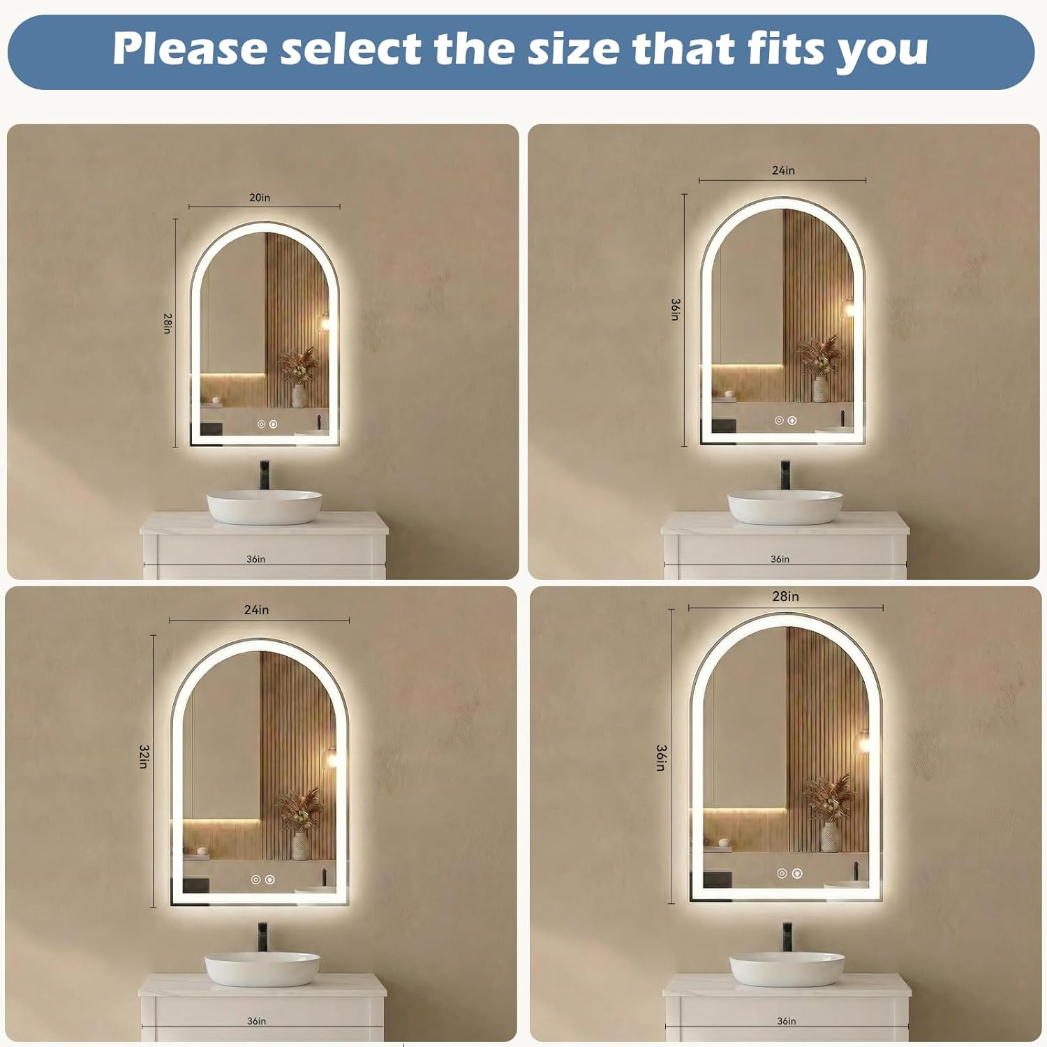 sweetcrispy 20"×28" led bathroom mirror with lights, arched vanity mirror with anti-fog, dimmable, 3-color light, memory function, tempered glass white-arched 20"l x 28.5"w