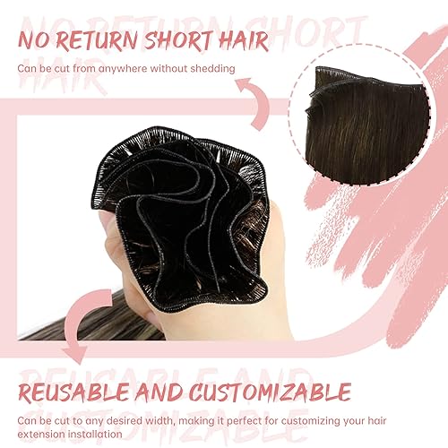 Miniatura 3 de Fshine Extensiones de cabello humano atadas a mano, 1.76 oz, 16 pulgadas, cabello humano con trama genial, balayage, color marrón oscuro, reflejos