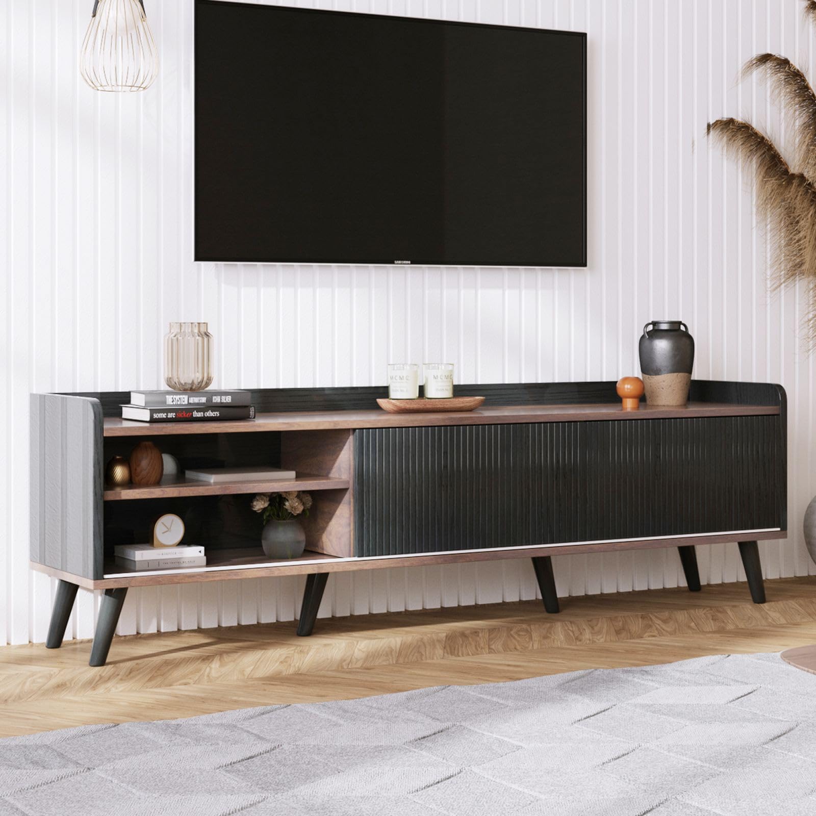 KOMHTOM Armoire TV en bloc de couleur noir/blanc et bois, buffet avec 2 tiroirs et 2 compartiments de rangement spacieux, armoire polyvalente pour salon, chambre à coucher et salle à manger (noir)
