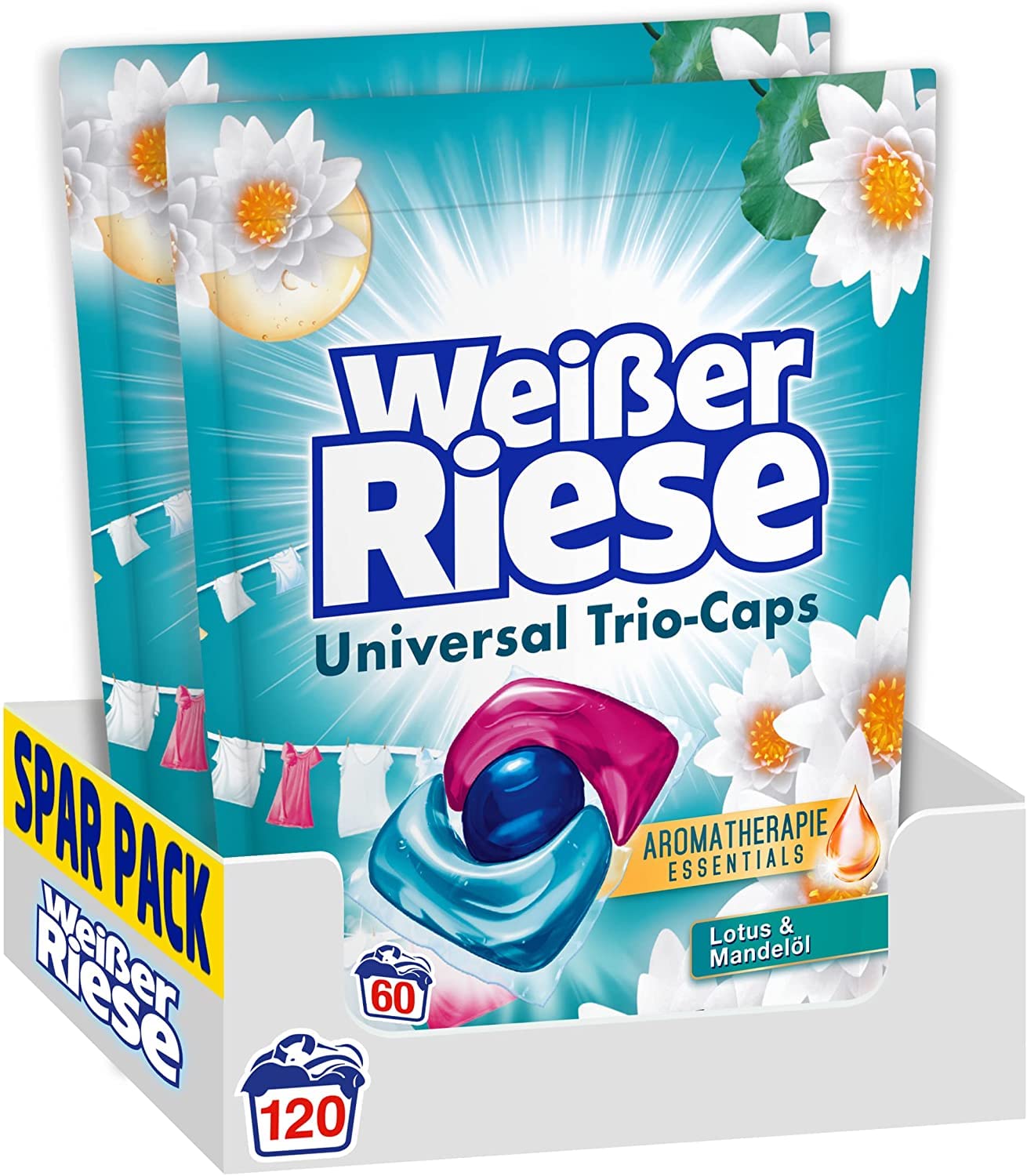 Weißer Riese Universal Trio-Caps Aromatherapie Essentials, Waschmittel mit Lotus und Mandelöl, Vollwaschmittel mit ätherischen Ölen und intensivem Frische-Effekt, 120 Stück (1er Pack)