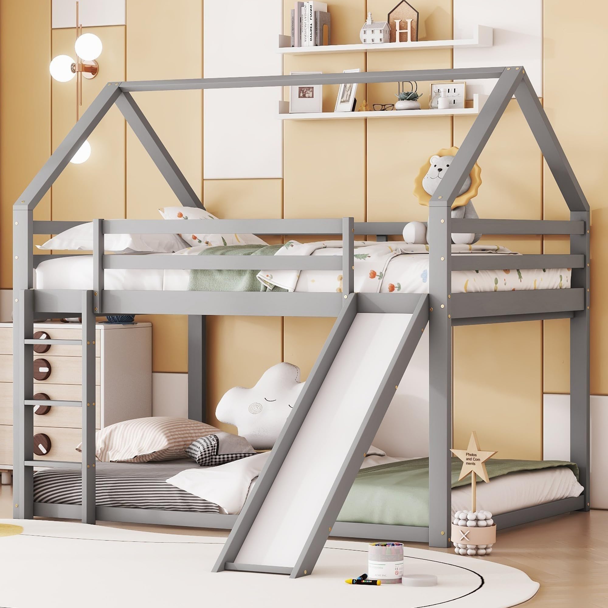 140x200 cm Etagenbett Kinder Holzbett mit Lattenrost und Rausfallschutz, Hausförmiges Bett mit kindgerechter Rutsche und Leiter, Kinderzimmer Doppelstockbett, Ohne Matratze, Grau