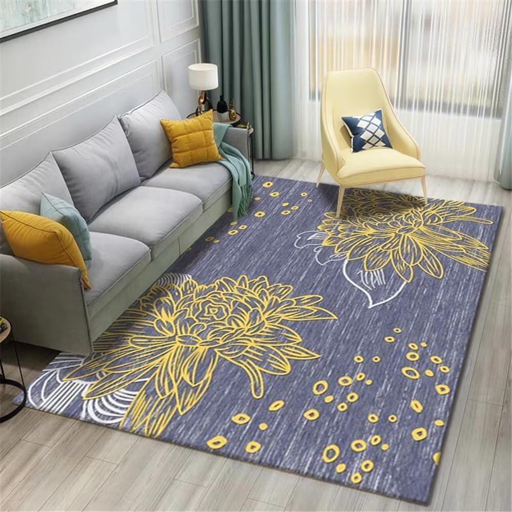 Tapis lavable 200x300cm jaune à fleurs : la solution grand format pour salon et ado