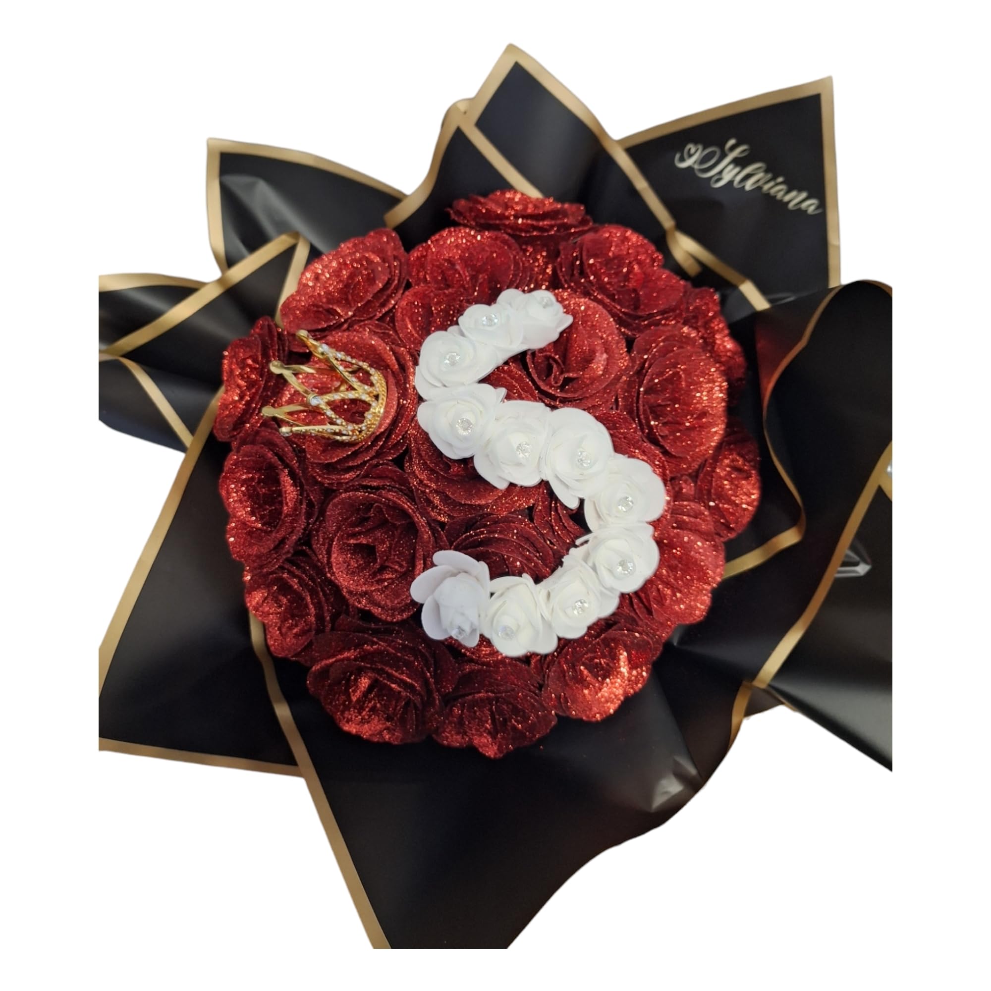 Générique Bouquet 20 Roses Éternelles Pailletées Personnalisées Artificielles Rouges avec Couronne et Lettre en Rose Blanche