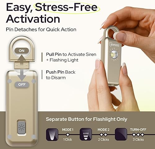 Miniatura 3 de Weten Llavero de alarma de seguridad personal  Sirena de 130 dB con altavoz inferior, luz LED, correa de muñeca y mosquetón  Alarma de autodefensa