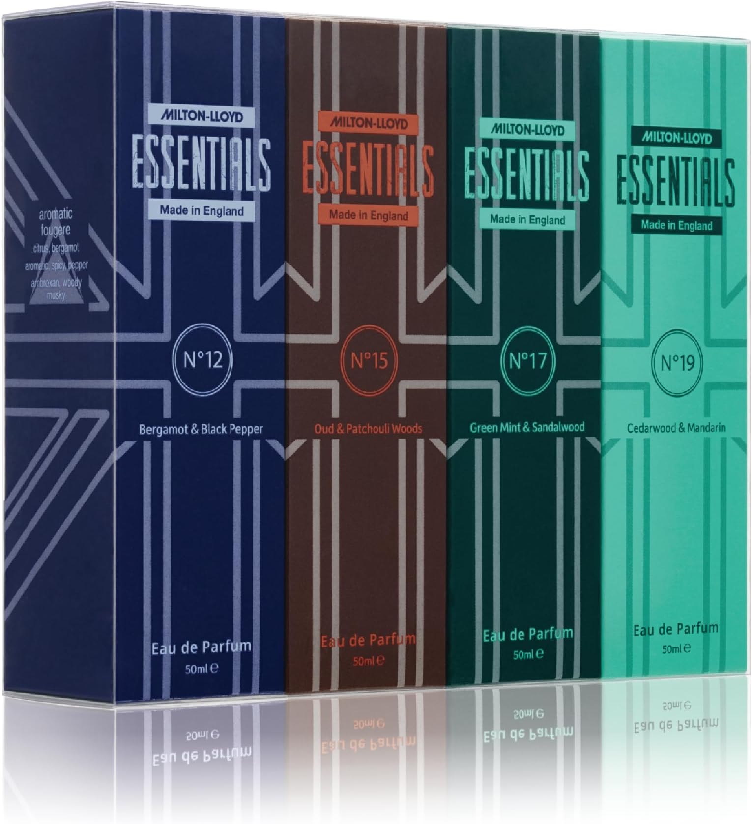ESSENTIALS Number 12, 15, 17 and 19 Luxury Mens Fragrances, Set of 4 x 50ml Eau de Parfum Men, Mens Aftershave Gift Set, Perfume for Men - Long Lasting Milton-Lloyd Fragrance