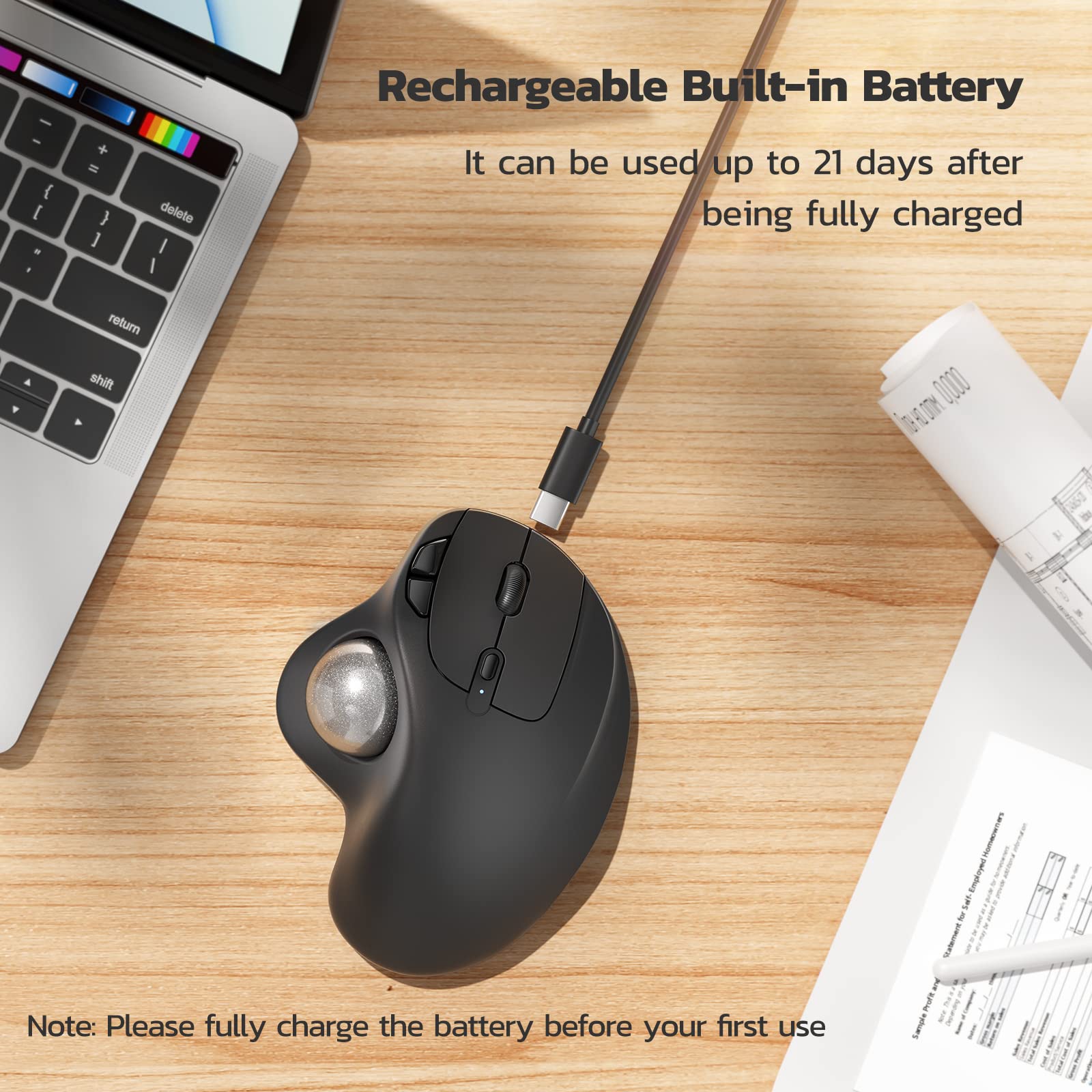 Nulea Trackball ergonomique rechargeable M501 – Commande par le pouce, précise, 3 appareils (Bluetooth/USB), compatible avec PC, ordinateur portable, Mac, Windows (Argent vif)