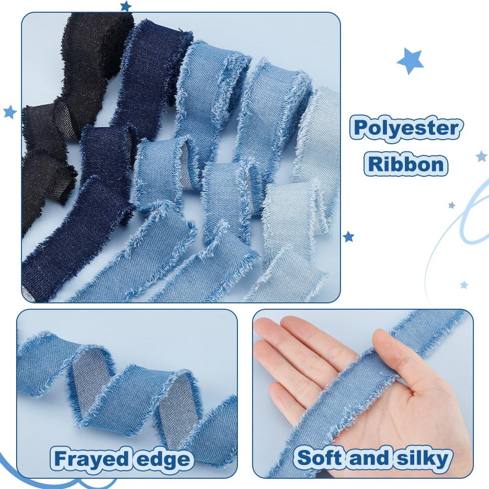 PH PandaHall 8.5 Yds x 1-5/8 inch 5 Colors Denim Ribbon, Rustic Frayed Fringes Fabric Ribbon for Wedding Invitations Gift Wrapping Bridal Bouquets DIY Crafts, 5 Rolls