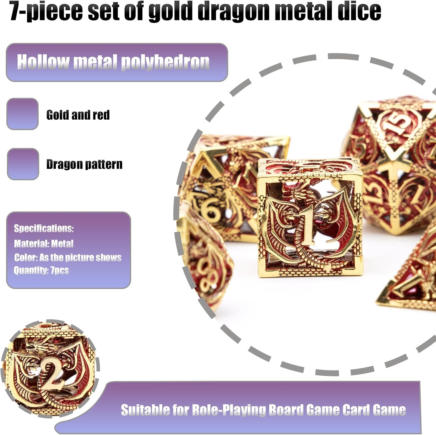 7piece Set of Dragon Metal Dice, Hollow Metal Polyhedron Dice, Compatible with Role-Playing RPG Board Game Card Game(Gold)