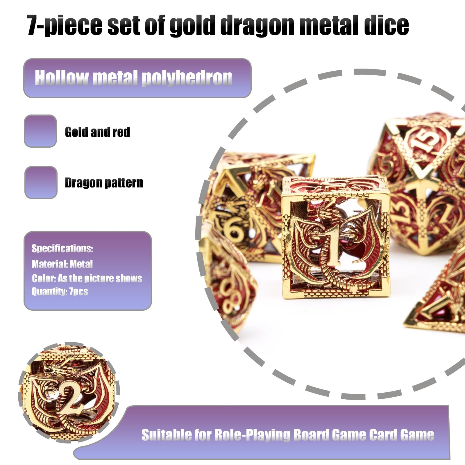 Ensemble de 7 Dés en Métal Dragon, Dés Polyédriques Creux, Compatibles avec Les Jeux de Rôle Les Jeux de Plateau et Les Jeux de Cartes(Gold)
