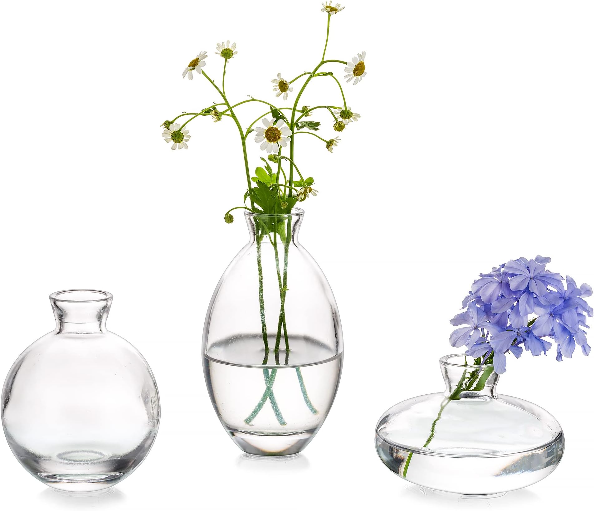 Glasseam Small Vase for Table Decoration Handmade Glass Vases for Flowers, 3Pcs Clear Vintage Bud Vases Aesthetic Mini Vase Set for Kawaii Living Room Decor Bedroom Ornaments Wedding Centrepieces