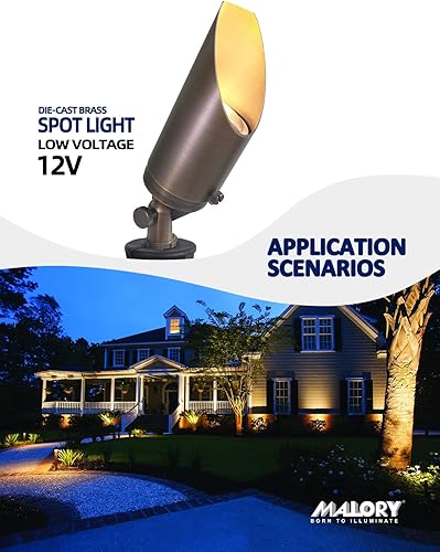 Vista 58 de MALORY Focos de paisaje de latón, paquete de 1 con bombilla MR16 (S02), iluminación LED de bajo voltaje de 12 V para exteriores para casa y árbol
