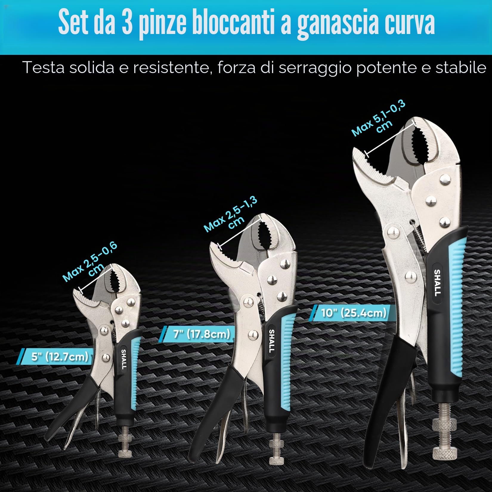 Shall Set di 6 pinze di bloccaggio – mascella curva da 12,7 cm, 17,8 cm e 25,4 cm, naso lungo 15,2 cm e morsetto a C da 15,2 cm, manico in TPR bicolore, custodia arrotolabile inclusa