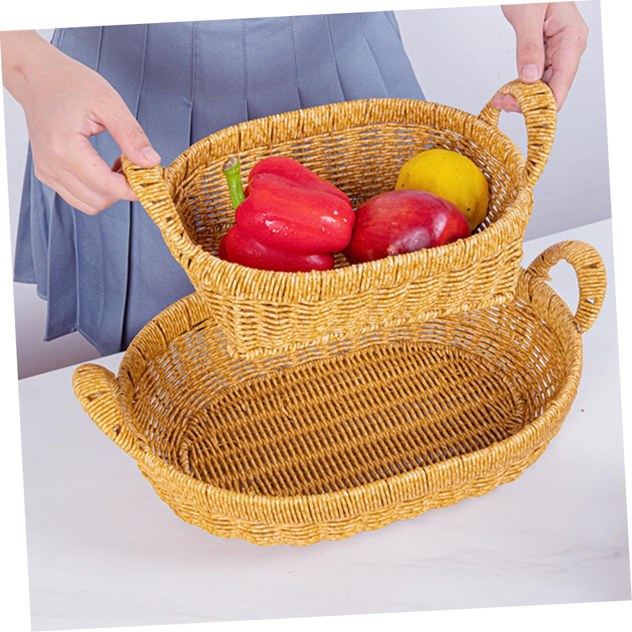 Oval Large Deep Bread Basket with Handles, Imitation Rattan Woven Snack and Fruit Tray, Plastic Food Serving Basket for Kitchen and Outdoor Picnic Storage