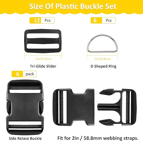 Miniatura 2 de Juego de 6 hebillas de plástico ajustables (paquete de 24), 6 hebillas de liberación lateral rápida, doble y 6 anillos en D y 12 clips deslizantes