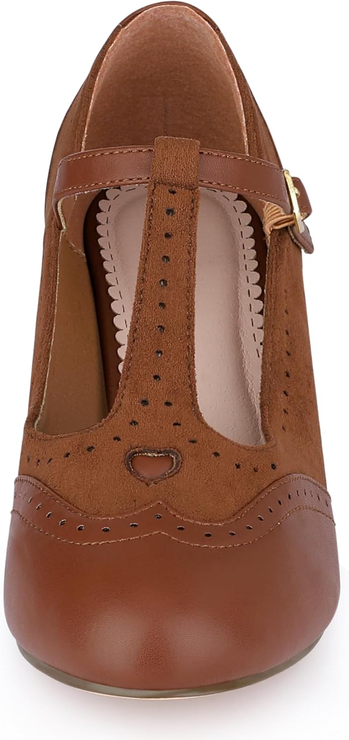 Allegra K Women's T-Strap Mary Jane Ankle Strap Block Heels Pumps