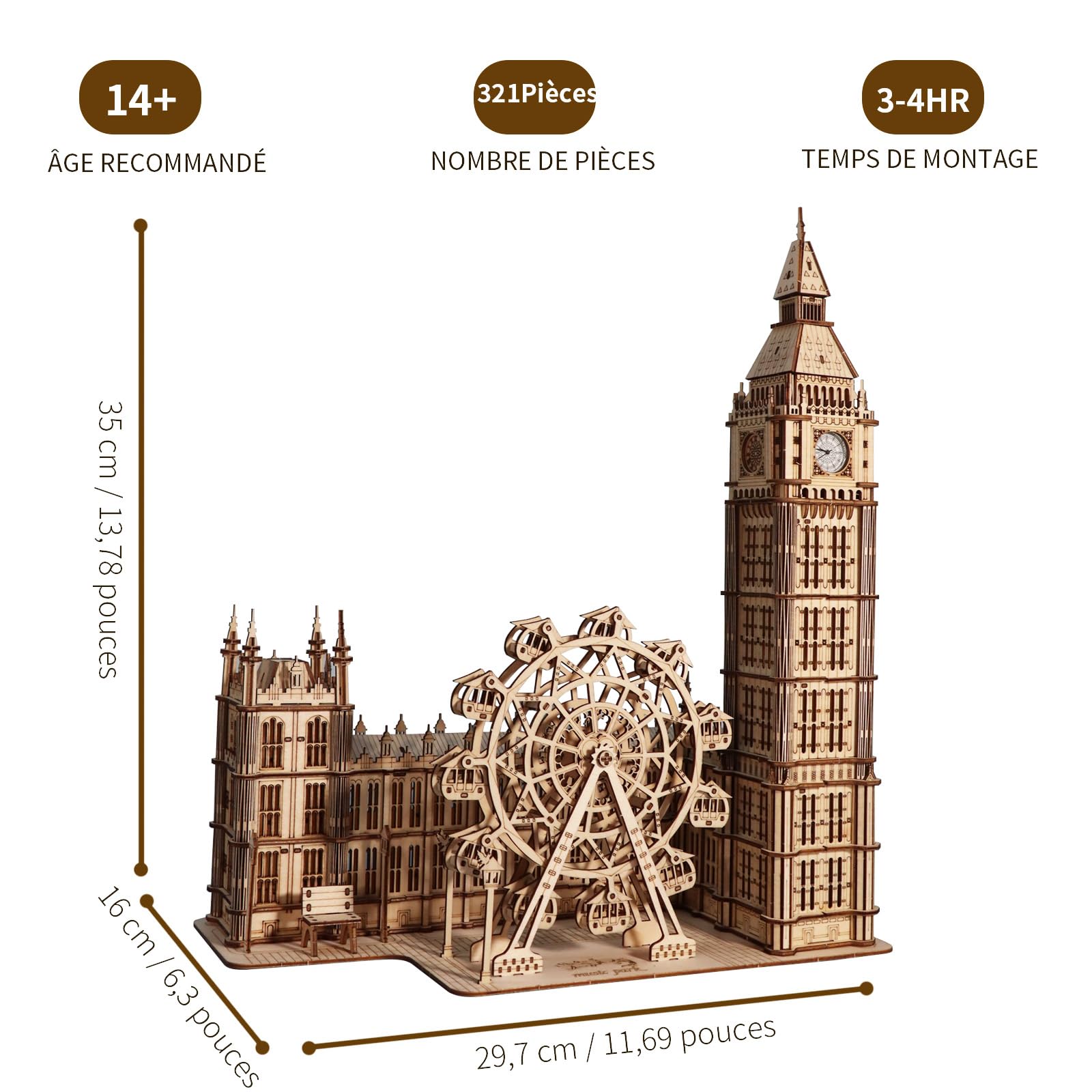 Puzzle 3D Bois Vintage Big Ben L 'Horloge avec Lumière LED Maquette en Bois A Construire Cadeaux d'anniversaire Noël