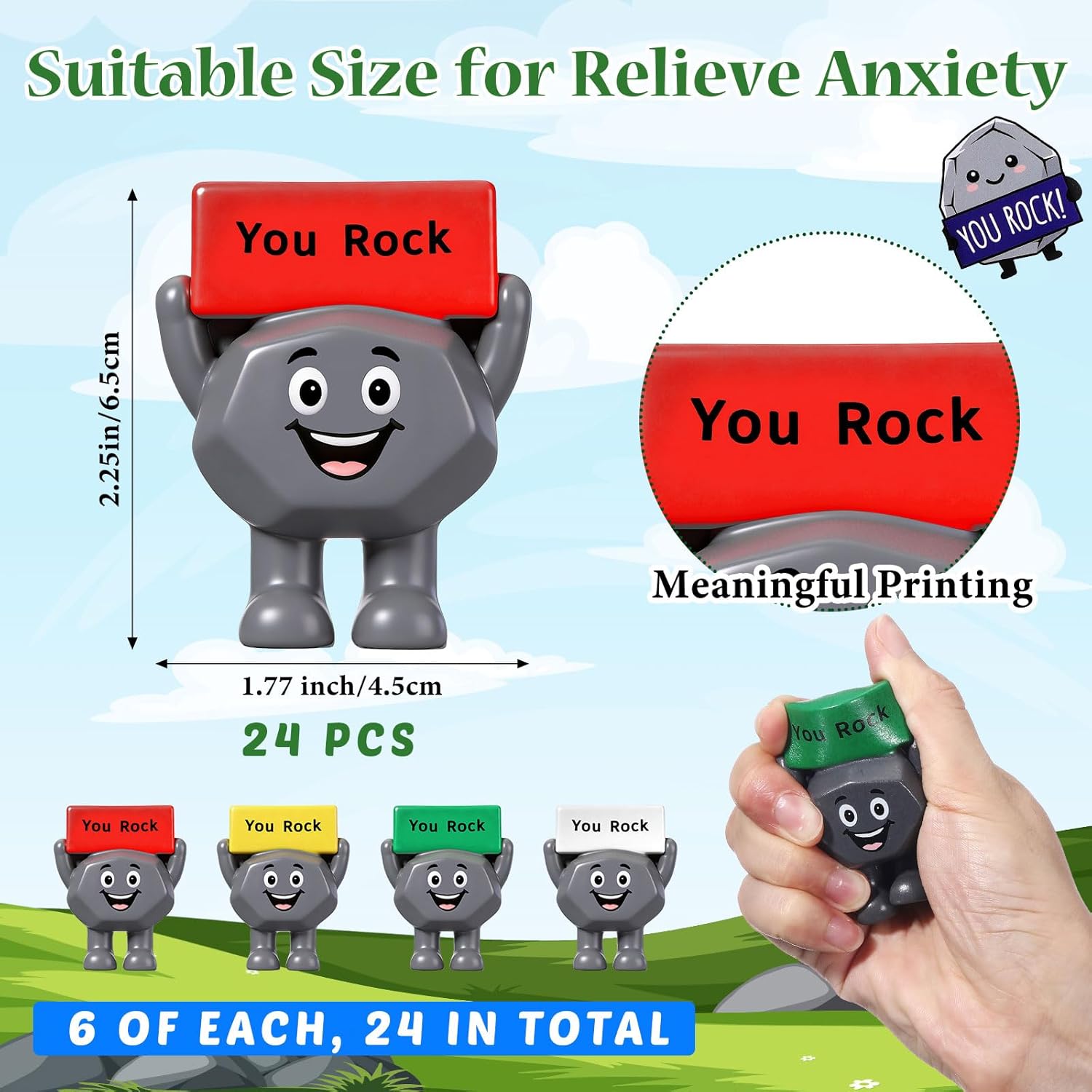 24 Pack You Rock Stress Balls for Coworkers Adults – Mini Foam Squeeze Fidget Toys for Anxiety & Stress Relief, Cute Motivational Stone Desk Gifts, Office Bulk Party Favors