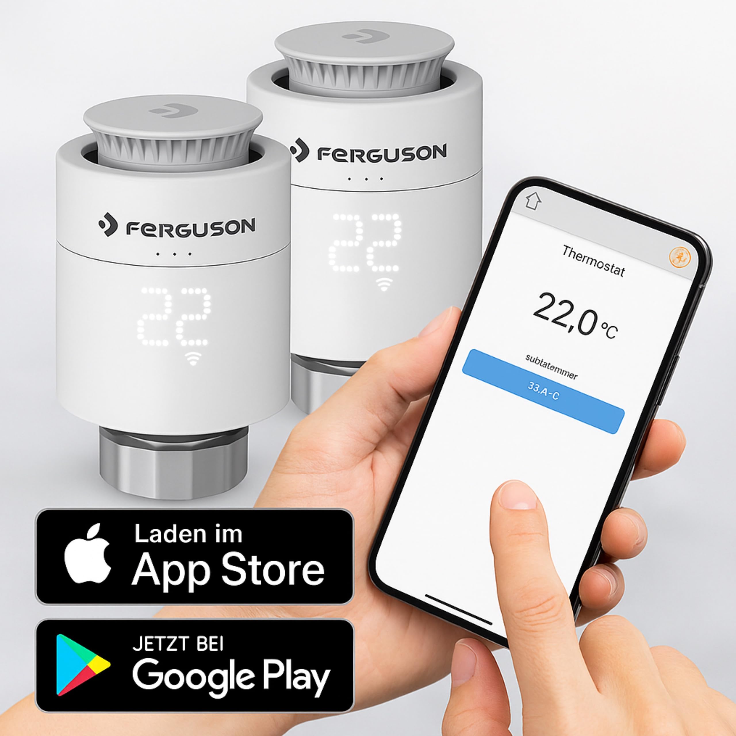 Ferguson 5X Smart Thermostatkopf ZigBee – Heizkörperthermostat programmierbar mit App Steuerung, Funkthermostat für Smart Home Set kompatibel mit Home Connect System