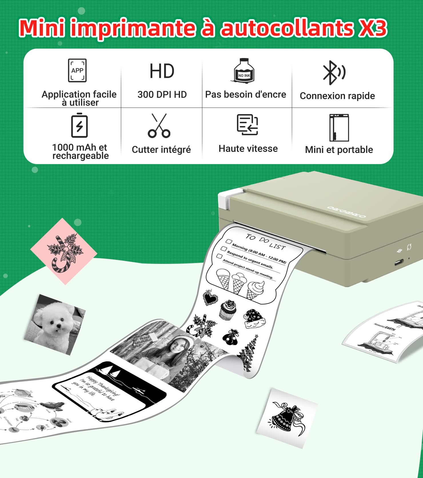 ORGBRO Mini Imprimante, X3 Thermique Bluetooth Imprimante Autocollante Portable, avec 1 Rouleau de Papier Thermique, 300DPI Petite Printer pour DIY Photos, Notes, Compatible iOS Android, Vert Olive