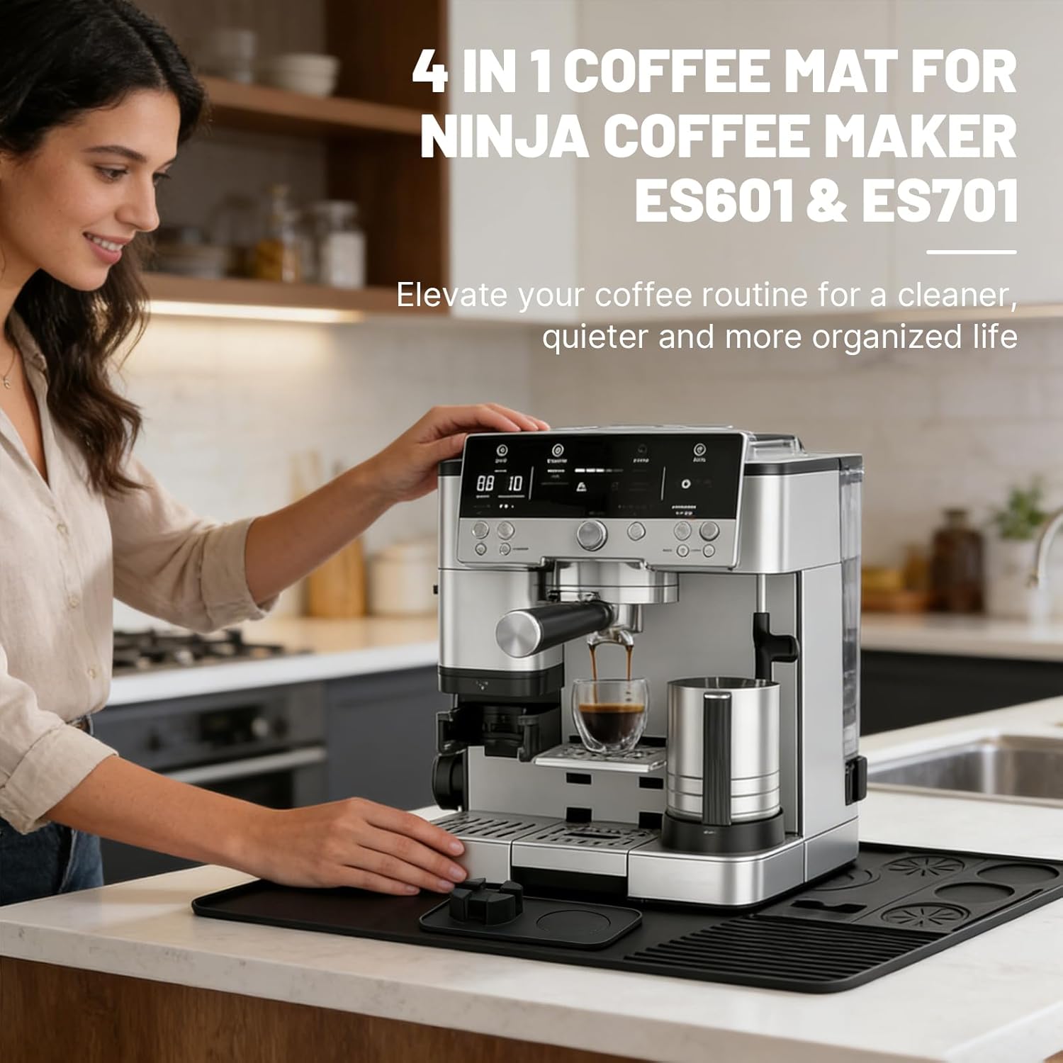 4-in-1 Coffee Maker Mat for Ninja Luxe Cafe Machine ES601 & ES701, Silicone Top Mat + Coffee Bar Mat + Espresso Tamping Mat + Tamping Base -Waterproof Bar Accessories