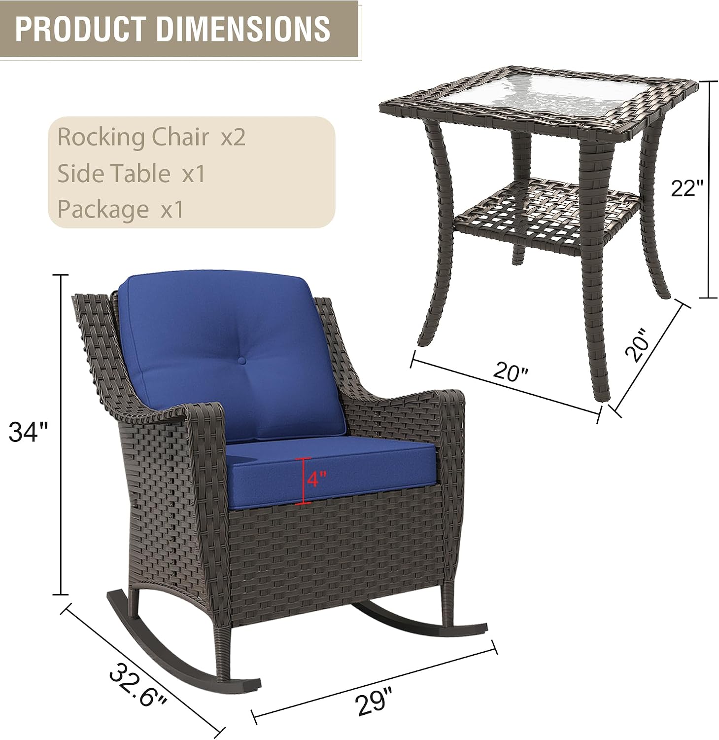 3 Pieces Patio Wicker Rocking Chairs, Outdoor Furniture PE Rattan Rocker Chairs Set of 2 with Side Table and 4inch High Back Deep Seating Waterproof Cushion for Deck Porch Balcony