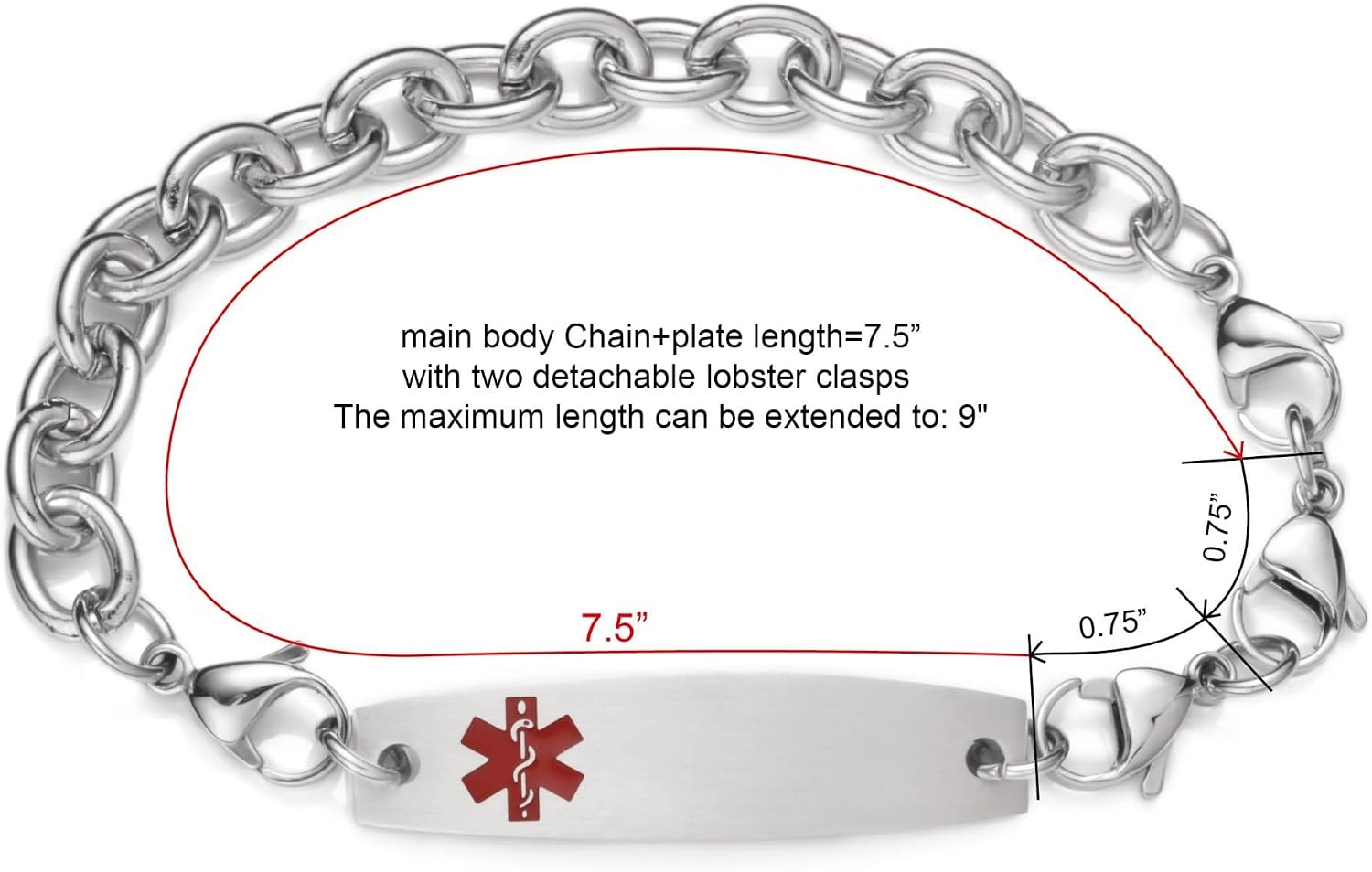 7.5"-9" Adjustable Medical alert bracelets for Women/Men Stainless steel Interchangeable Medical bracelets
