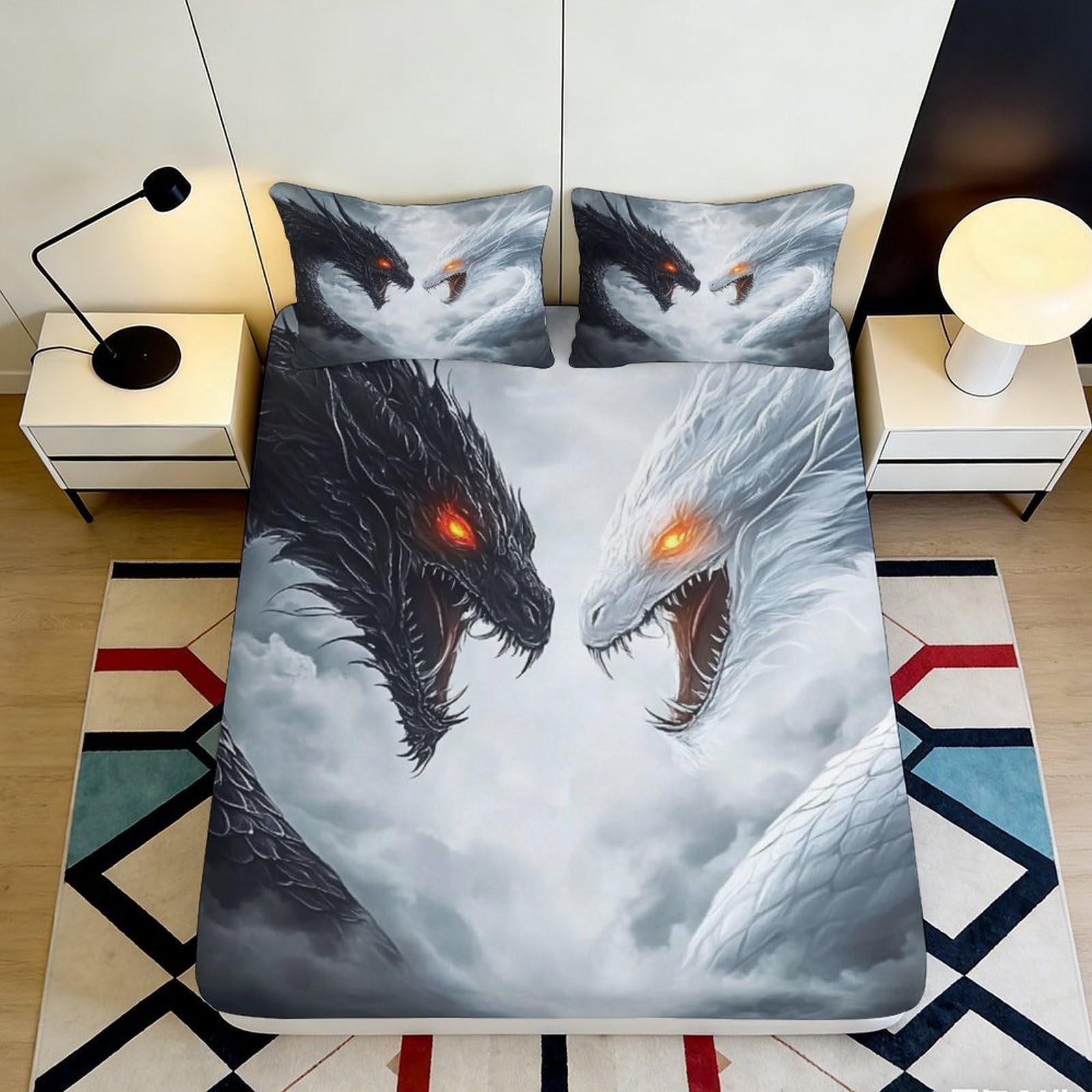 3D Printed Dragon Duel Fitted Sheet Microfiber Soft Breathable Fire Ice Mattress Cover for Bedroom Dorm Decor 90x200x25cm